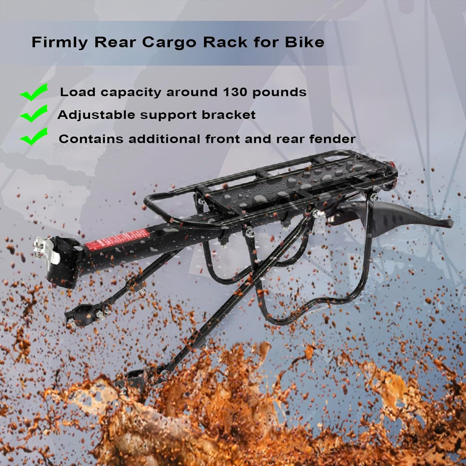 Bike Rear Cargo Rack - Adjustable Bicycle Trunk Pannier Back Rack with Fender and Reflector, Easy Install Quick Release Bike Luggage Carrier Rack with 130 Lbs Capacity for Mountain, Road, City Bikes image number 2