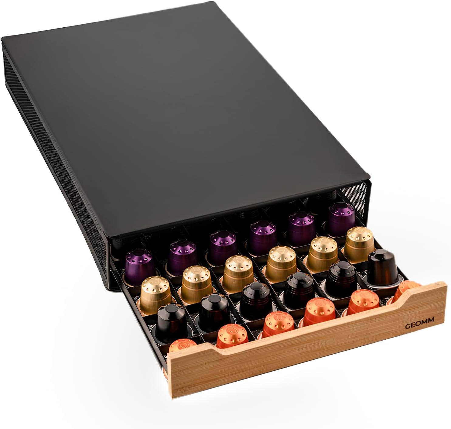 GEOMM Bamboo Storage Drawer for Nespresso Pods - 60 Capacity Metal Coffee Capsule Holder, Tea Organiser Tray - Coffee Machine Accessories image number 2