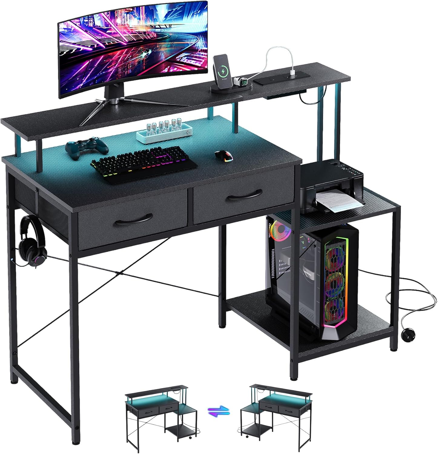 Advwin 120Cm Gaming Desk with LED Lights & Power Outlets Reversible Printer Storage Shelf Computer Desk with Drawers & Headphone Hook Black