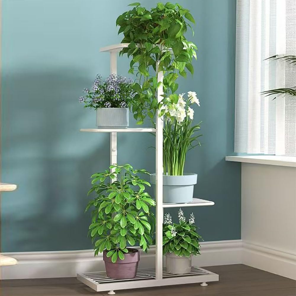Hbluefat 4 Tier Metal Plant Stand Rack, 5 Potted Multiple Flower Pot Holder Shelf, Indoor&Outdoor Planter Display Shelves for Patio Garden, Living Room, Corner Balcony and Bedroom (White) - Black image number 7
