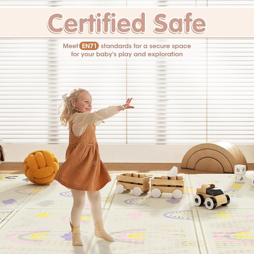 Playpals 200&times;180CM Foldable Baby Play Mat, Double-Sided Waterproof Playmat for Babies, Toddlers & Infants, Reversible Baby Mat with Travel Bag, Indoor and Outdoor Use, Rainbow+Tall Buildings image number 1