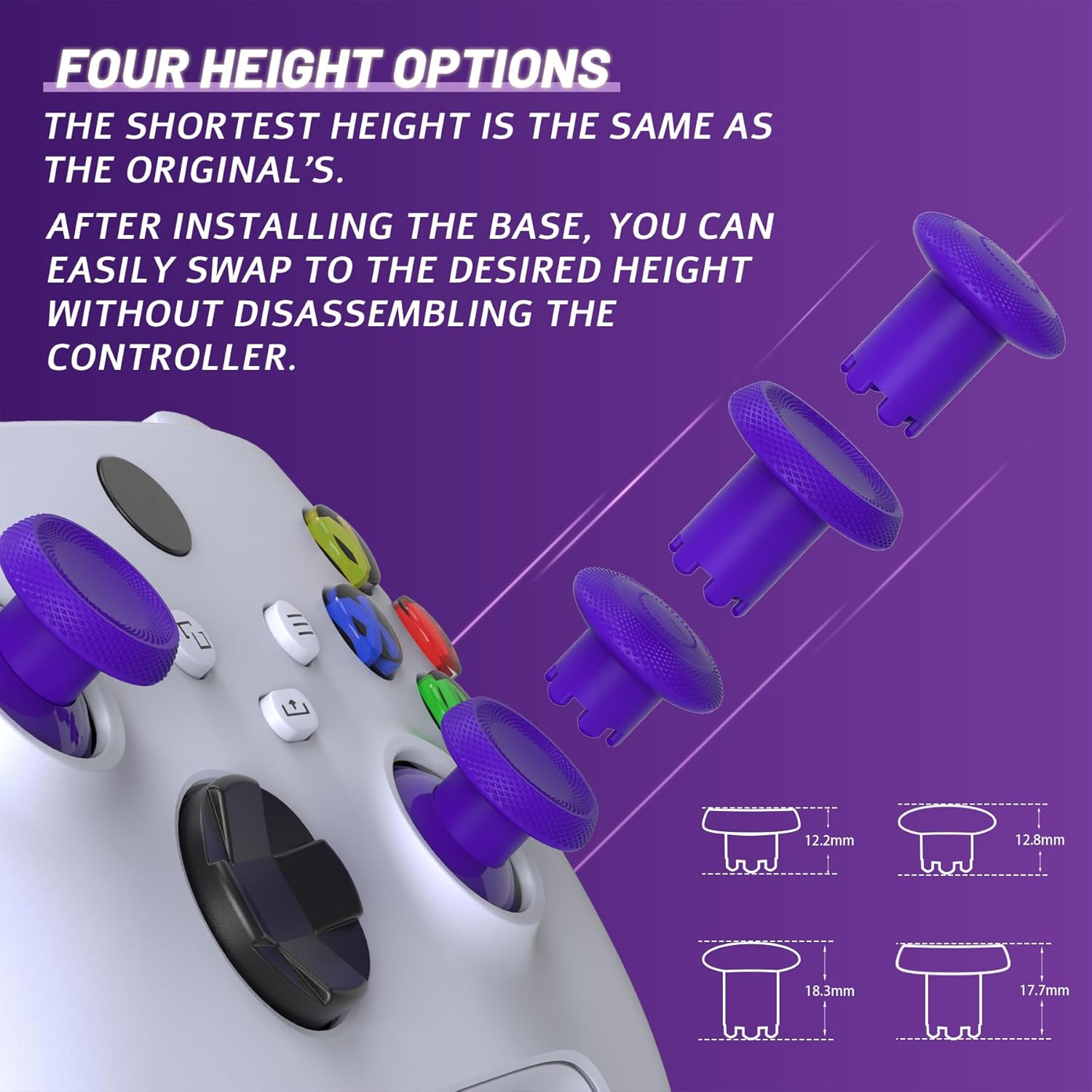 Extremerate Thumbsgear V3 Interchangeable Thumbsticks for Xbox Core Controller, 4 Height Adjustable Convex and Concave Grip Joysticks for Xbox One S/X/Elite, for Nintendo Switch Pro Controller -Purple image number 6