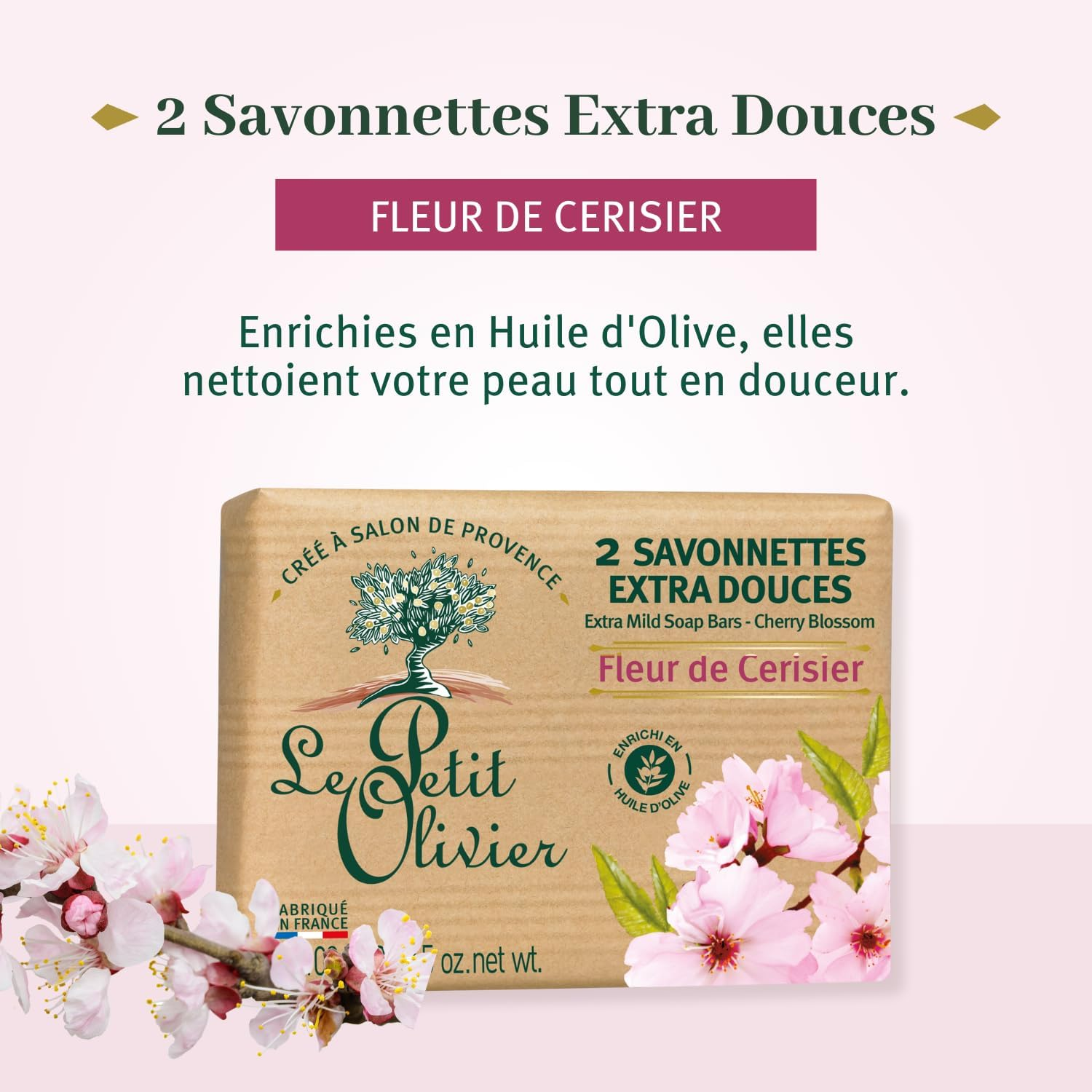 Extra Mild Soap Bars - Cherry Blossom by Le Petit Olivier for Men - 2 X 3.5 Oz Soap