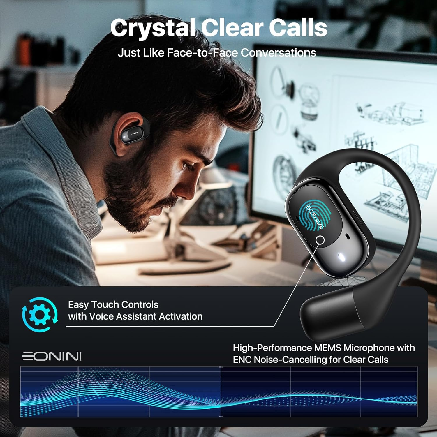 Open Ear Headphones Wireless, 40H Playtime IPX5 Waterproof Bluetooth Earbuds &ndash; Secure Fit for Glasses Wearers, Deep Bass Sport Headphones for Running/Gym, Power Display image number 3