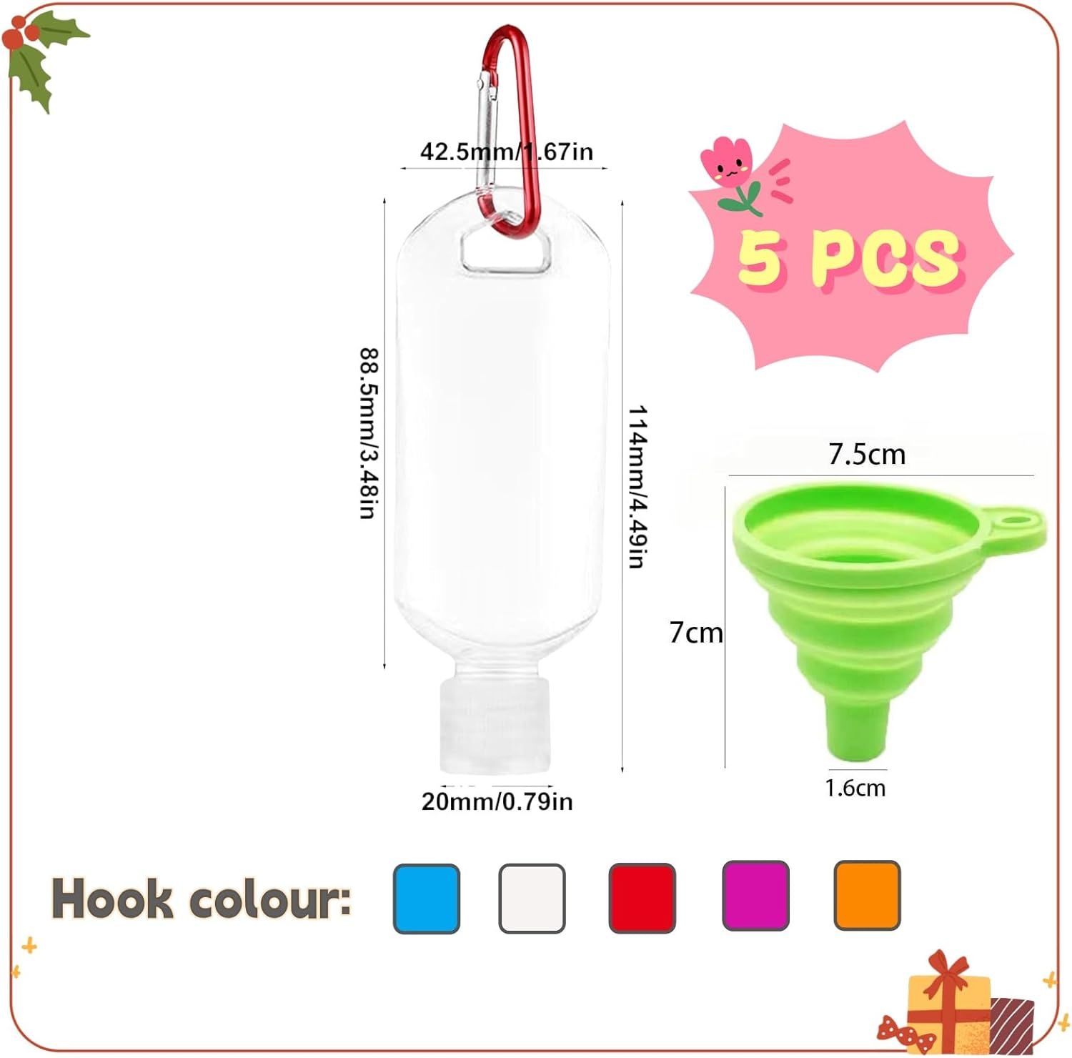 5 PCS Travel Plastic Clear Hook Bottles 50Ml/2Oz Portable Leakproof Squeeze Small Bottles with Flip Cap Refillable Empty Containers for Lotion Soap Toiletry, Clear，Refillable Empty Containers