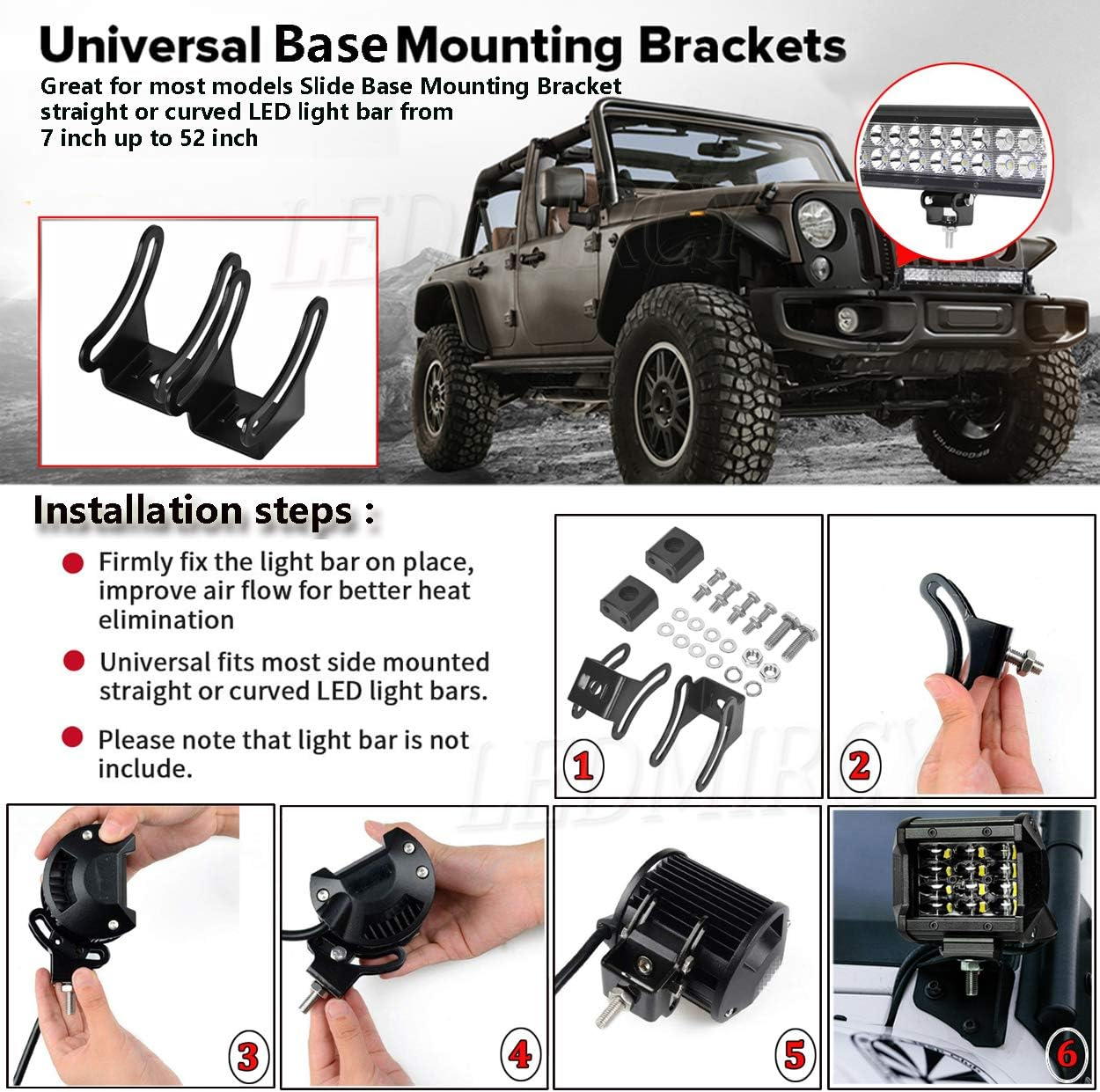 Base Mounting Bracket LED Light Bar Slide Mounting Bracket 2PCS Universal Adjustable Side Bracket Kit Holder for Most Straight or Curved Light Bars Pods Work Lights Fog Lights (Pack of 2) image number 1