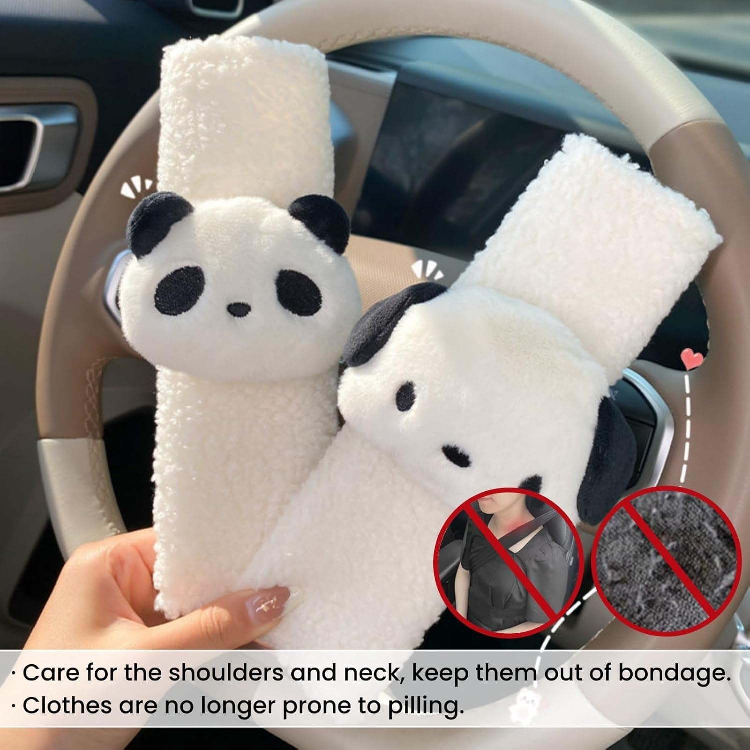 2 PCS Seat Belt Cover Pad, Cute Kawaii Animal Panda Seatbelt Covers for Kids and Adults, Winter Plush Fluffy Soft Seat Belt Cover, Cartoon Seatbelt Cushion,Car Seat Strap Pads (White, One Size)