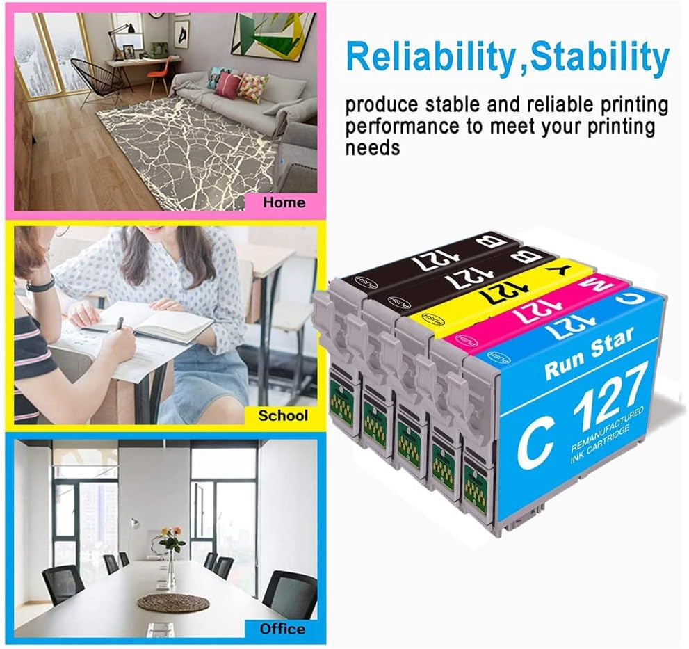 Run Star 5 Pack T127 Remanufactured Ink Cartridge Replacement for Epson 127 Use for WF-3520 WF-3540 WF-7010 WF-7510 60 530 625 840 545 Printer (2 Black 1 Cyan 1 Magenta 1 Yellow) image number 4