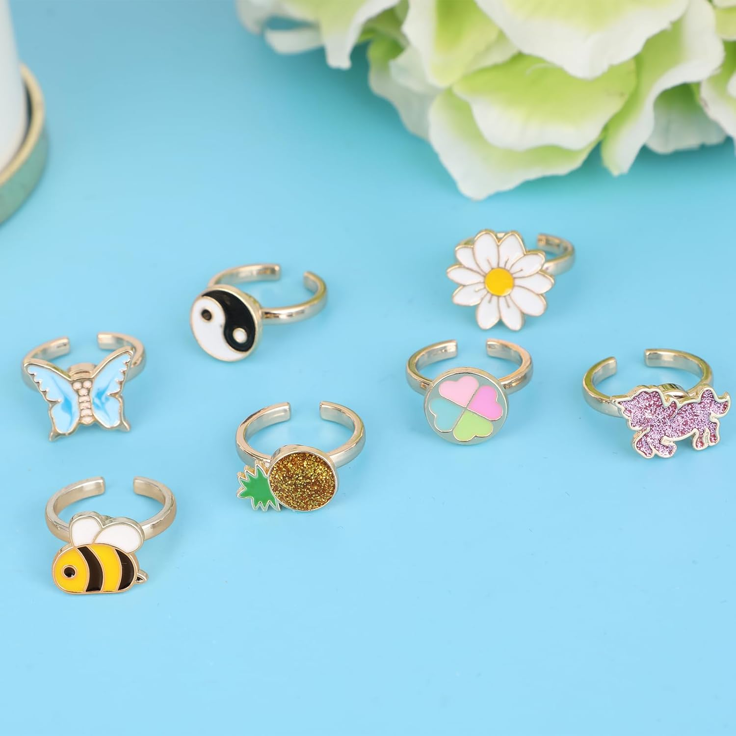 Mjartoria 7Pcs Fidget Rings for Anxiety, Shell Butterfly Unicorn Flower Stainless Steel Spinner Ring Set for Teen Girls Mood Rings Stress Relieving Wide Rings Set image number 4