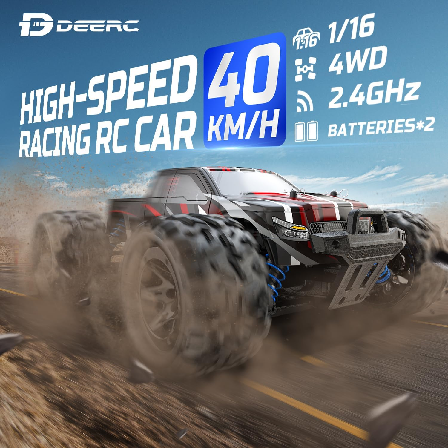 DEERC RC Car High Speed Remote Control Car for Kids Adults 1:18 Scale 30+ MPH 4WD off Road Monster Trucks,2.4Ghz All Terrain Toy Trucks with 2 Rechargeable Battery,40+ Min Play image number 2