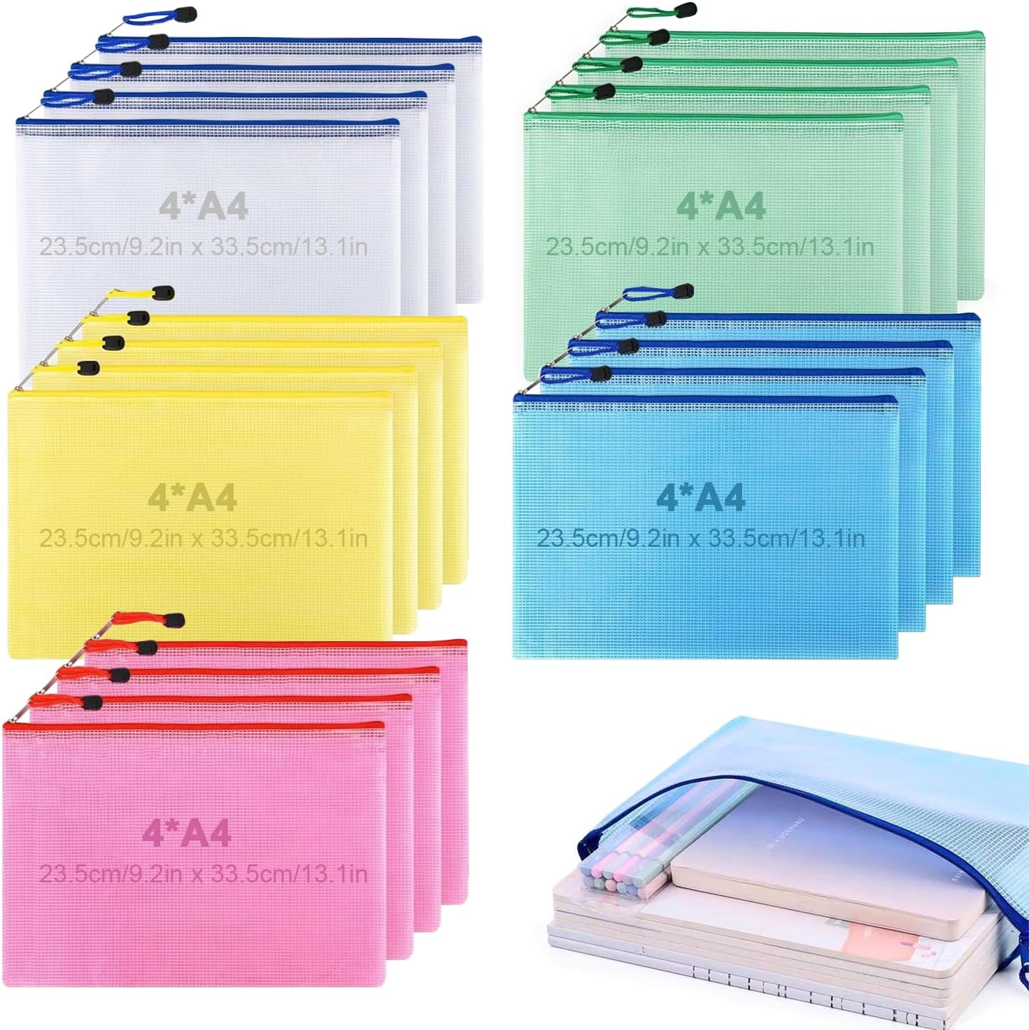 20 Pack A4 Mesh Zipper Pouch Document Bag, Document Organiser, Document Folder, Suitable for School Office Supplies, Cross Stitch File Folder Organization Storage image number 1