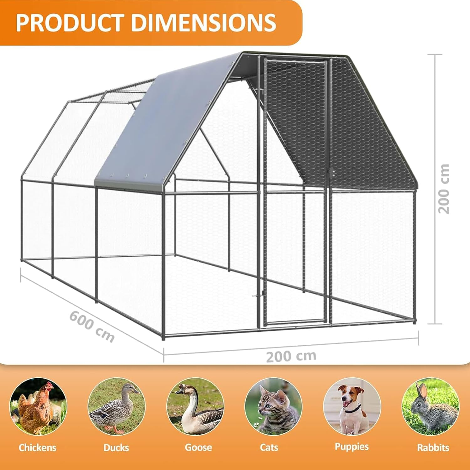 2X6X2M Large Chicken Coop Run, Chook Pen Walk in Chook Cage House Shelter Outdoor Chicken Cage Galvanised Steel