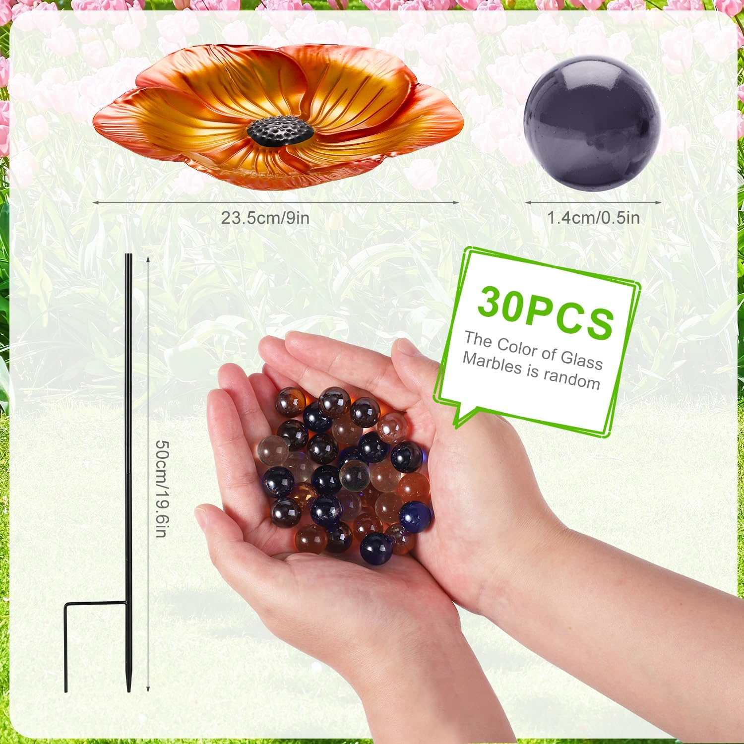 Bee Feeder with Flower Design, Iron Vivid Bird Watering Station Bee Drinking Stations Mini Bee Water Cups with 30Pcs Colorful Glass Marbles for Birds Butterfly outside Garden Courtyard Decor image number 1