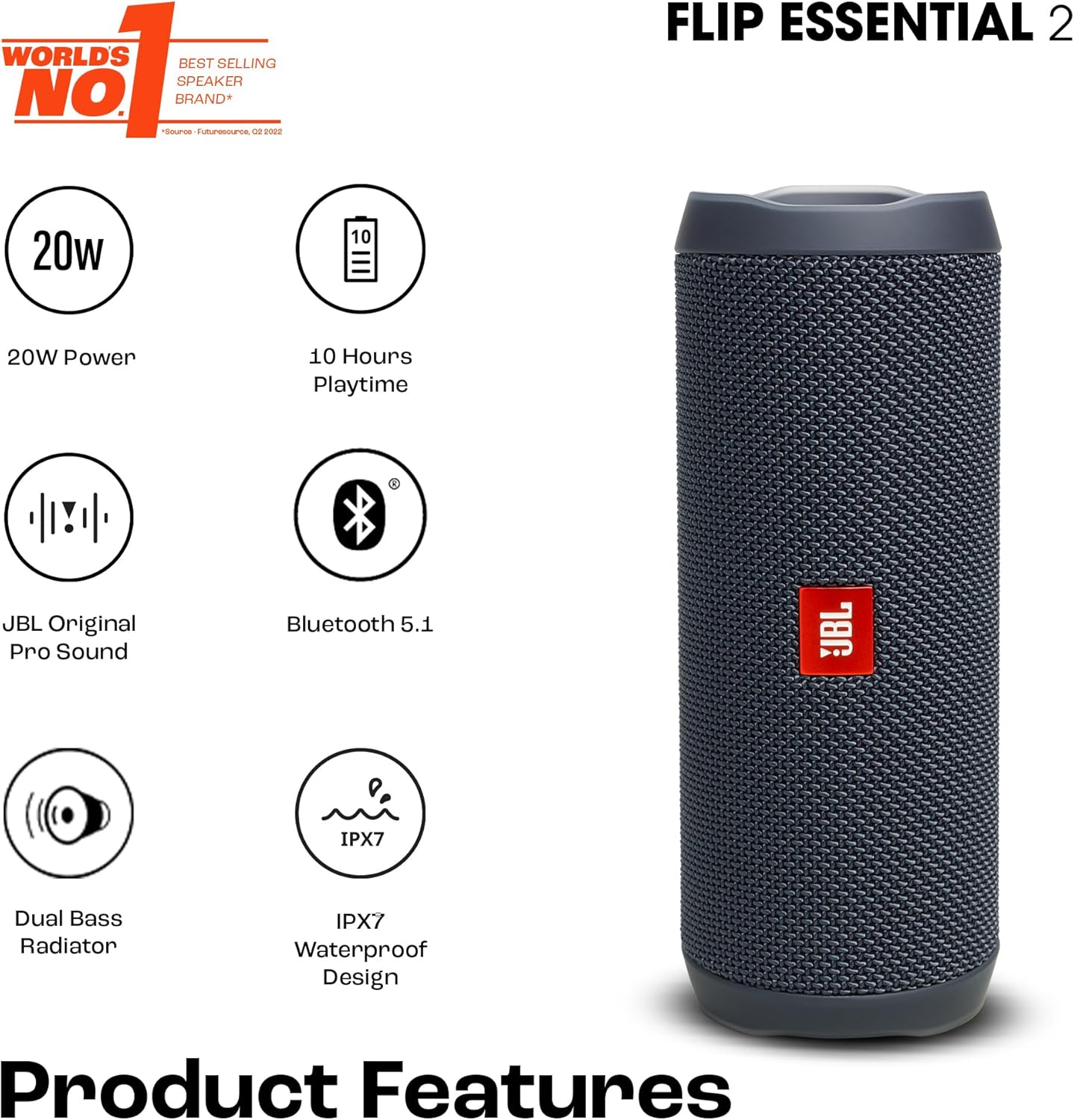 JBL Flip Essential 2, Bold Portable Sound, 10 Hours of Playtime, Make a Splash with IPX7 Waterproof Design, Eco-Friendly Packaging, Gun Metal image number 5