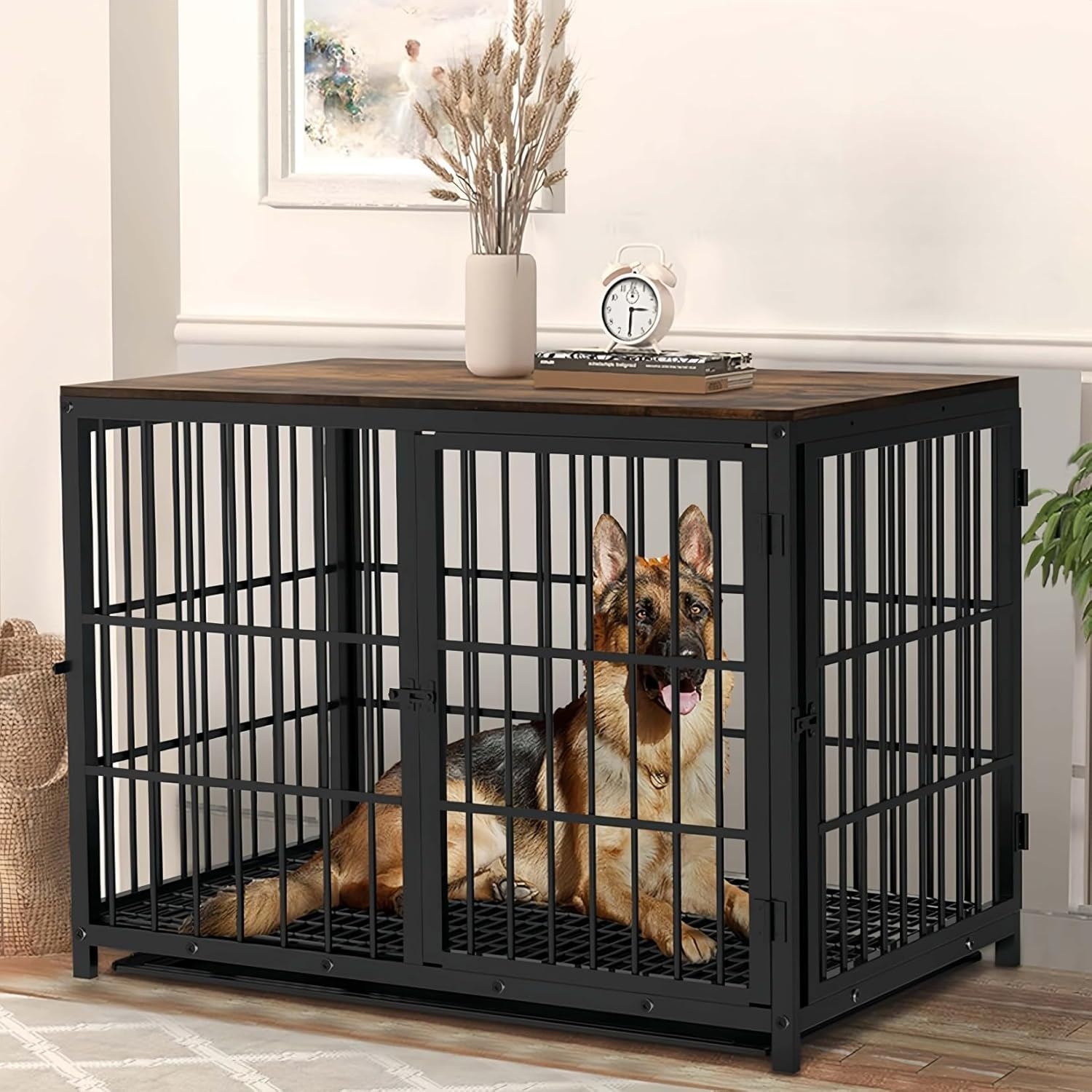 Bingopaw Wooden Dog Crate Indoor: 42Inch Furniture Style Extra Large Pet Cage Pet Kennel End Table with Three Doors and Removable Tray for Large Dogs Black image number 5