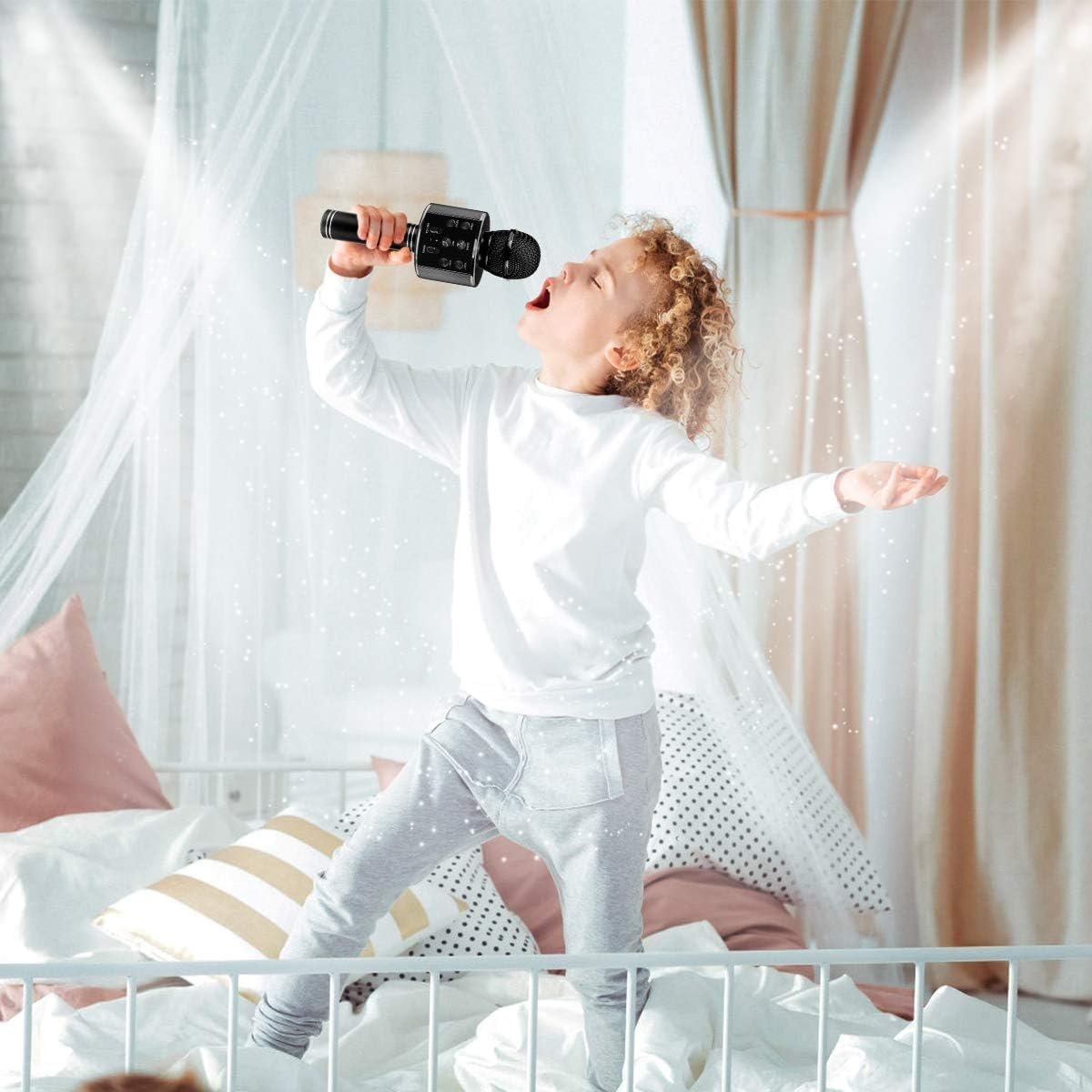 Wireless Bluetooth Karaoke Microphone for Kids, 5-In-1 Portable Handheld Karaoke Mic Speaker Player Recorder with Adjustable Remix FM Radio for Kids Girls Boys (With 32G TF Card,Black) - Gold image number 7