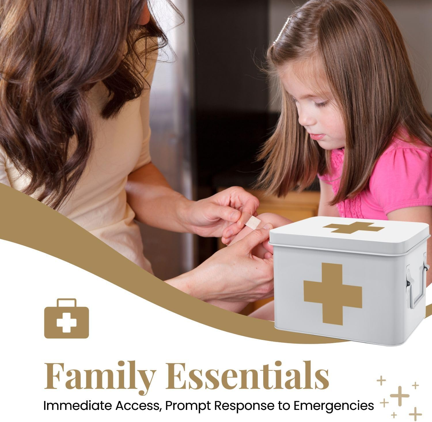 Flexzion First Aid Medicine Box Supplies Kit Organizer - Empty 8" White Metal Tin Medic Storage Bin Hard Case with Removable Tray Black Cross, Vintage Antique Boxes for Home Family Emergency Tool Set image number 5