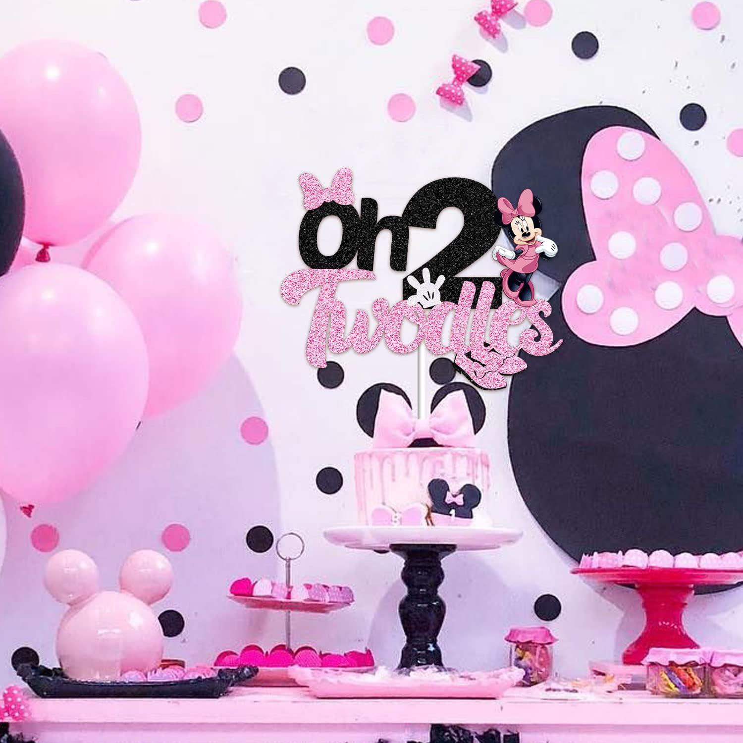 Oh Twodles Cake Topper for Girls, Black Glitter Mouse Second 2Nd Birthday Cake Topper with Pink Bows and White Gloves Girls Birthday Party Decorations Supplies(Double-Sided) image number 5