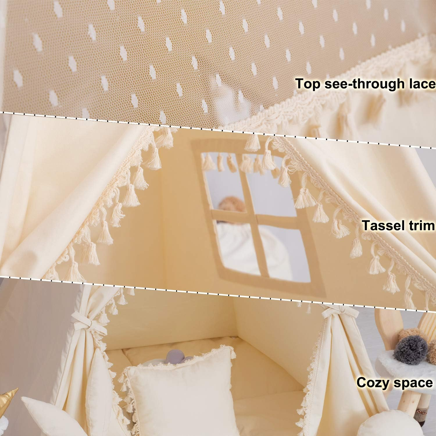 Kids Teepee Tent with Padded Mat, Banner, Fairy Lights, Yarn Ball, Carry Bag, Beige Cotton Canvas Play Tent for Child with Tassels Lace, Play House Tipi for Kids Room Decor image number 6