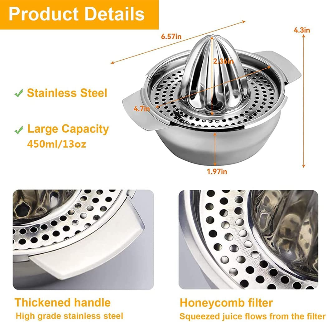 Citrus Juicer Stainless Steel, Manual Hand Citrus Juicer Squeezer for Orange, Lemon, Grapefruit, Lime Lemon & Fruit Juices,Dishwasher Safe,Silver(13Oz) image number 4