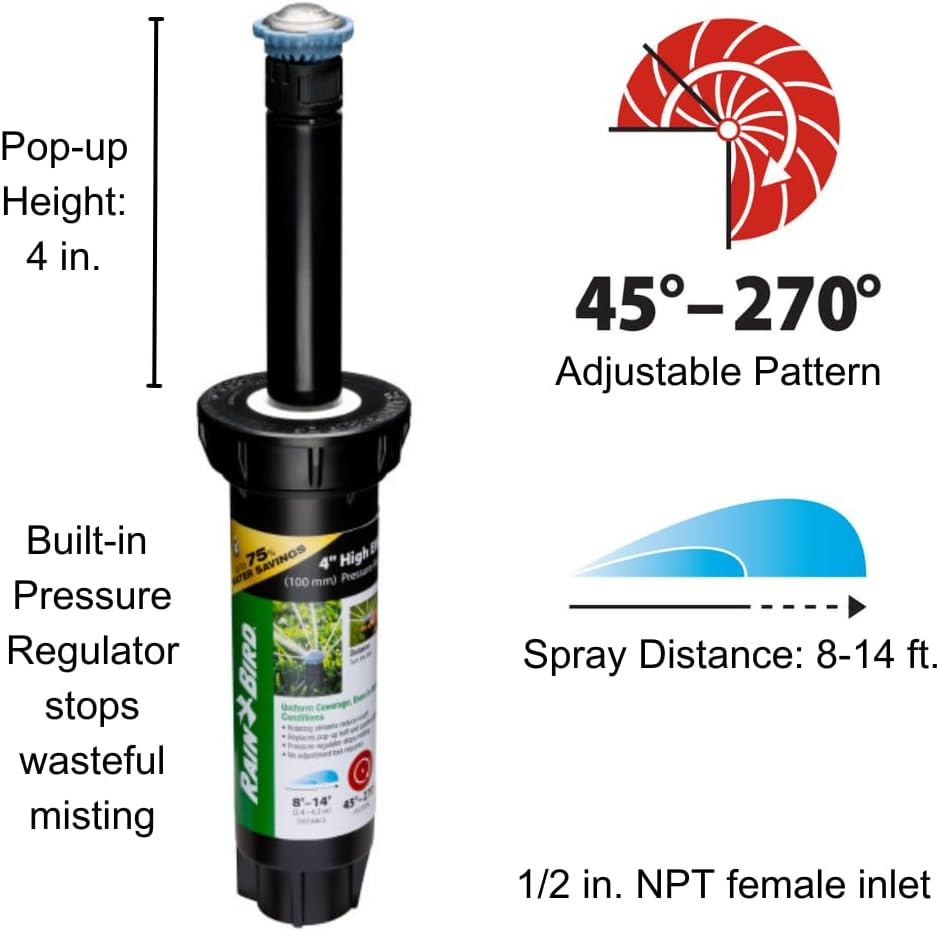 Rain Bird 8SAPROPR Pressure Regulating (PRS) High-Efficiency Pro Rotary Sprinkler, Hand Adjustable 45&deg; - 270&deg; Pattern, 8' - 14' Spray Distance, 4" Pop-Up Height image number 2