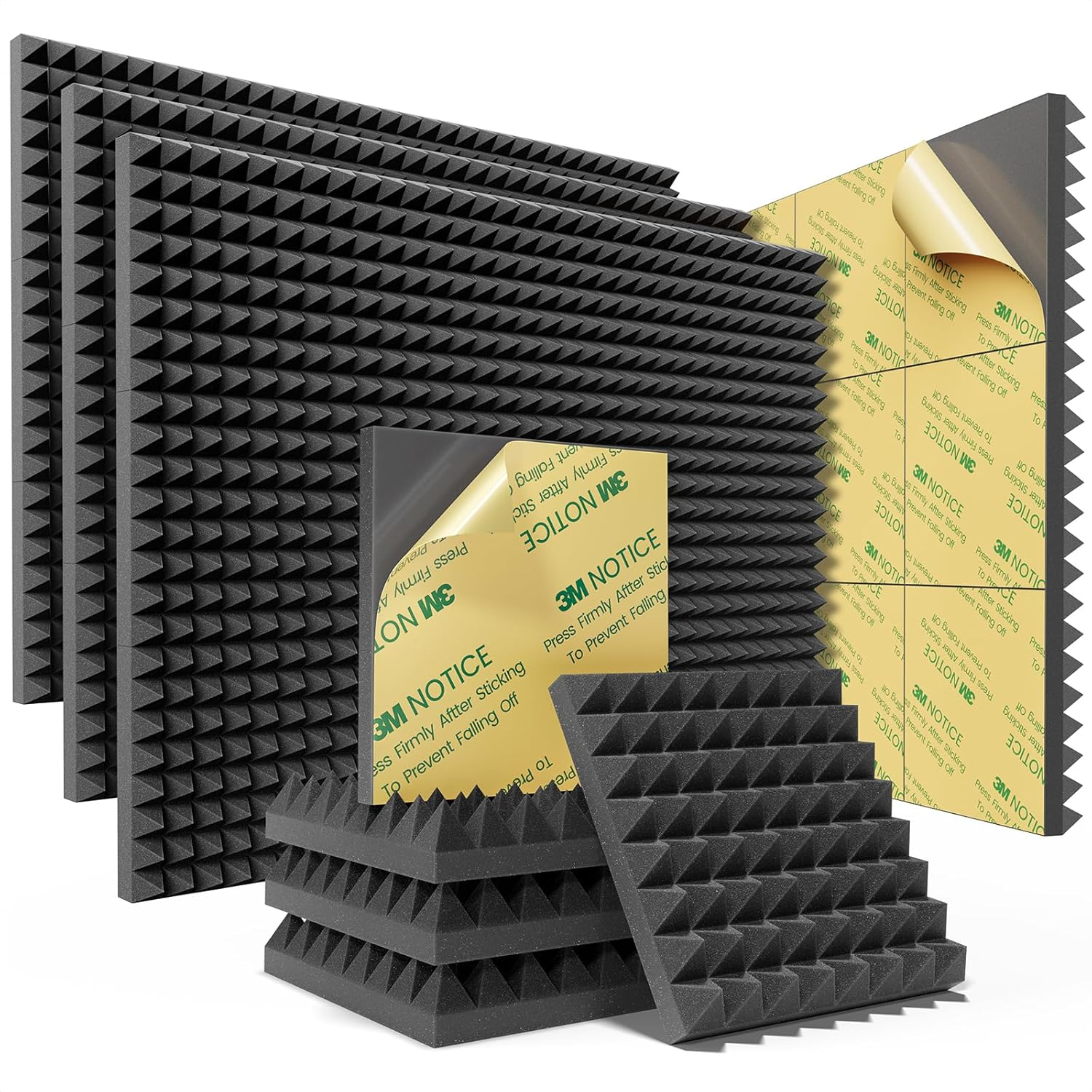 Sonicism 12 Pack Pyramid Sound Proof Foam Panels with Self-Adhesive,12'' X 12'' 1'' Acoustic of High Density,Soundproof Wall Fast Expand,Sound Absorption and Decoration (Black),(Wf008)