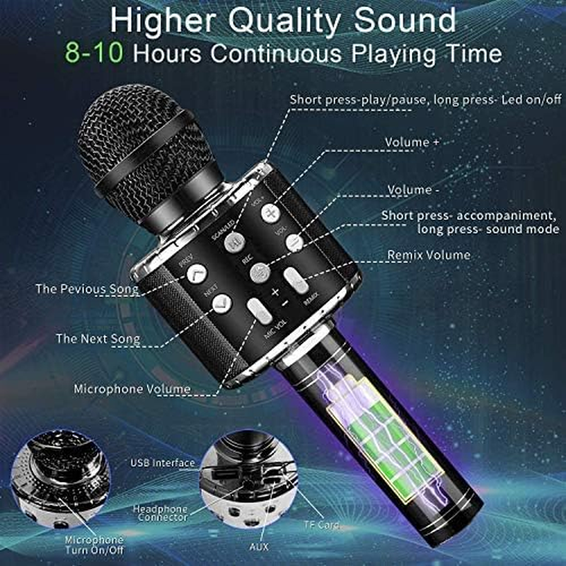 Wireless Bluetooth Karaoke Microphone with Controllable LED Lights, Xkey 4 in 1 Portable Karaoke Machine Speaker for Android/Iphone/Pc, Best Gifts Toys for Girls & Boys (Black1) image number 4