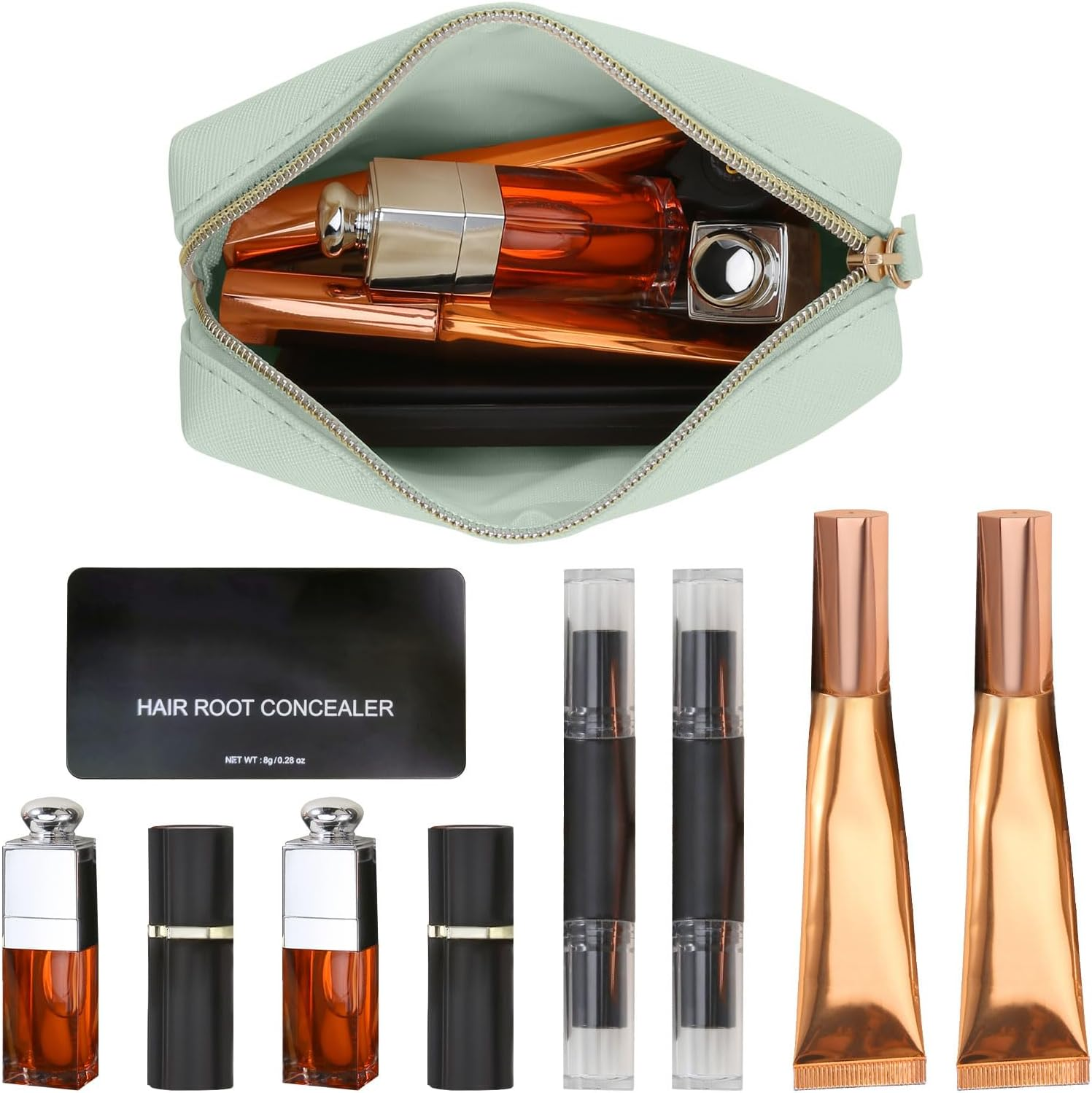 Leather Makeup Bag for Purse Travel, Portable Small Cosmetic Organizer for Women and Girls, Make up Bag with Zipper - Green image number 3