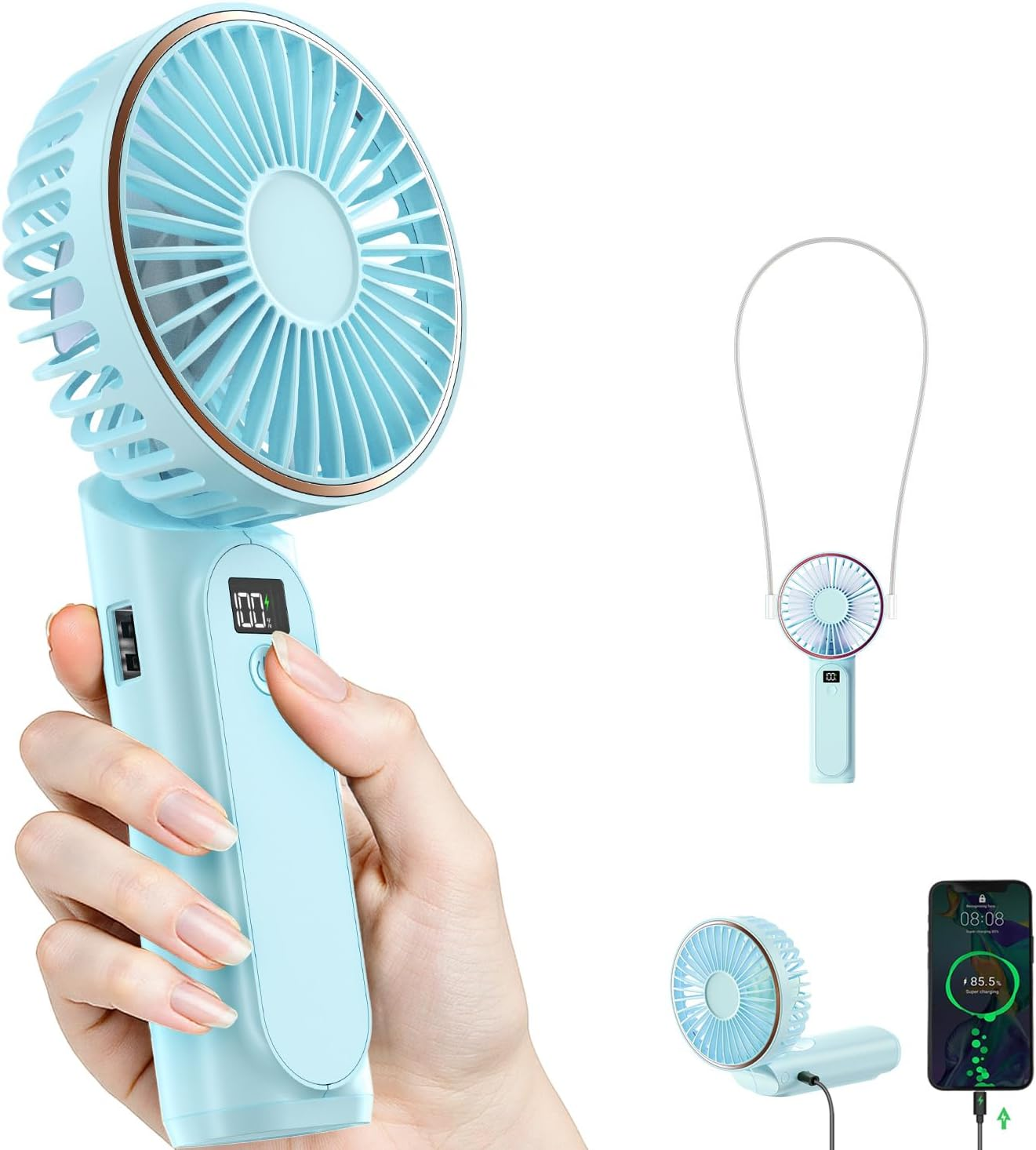 Portable Handheld Fan, 4000Mah, 180 Adjustable, 6 Speed Wind, USB Rechargeable Foldable Fan with Real-Time Electricity Display image number 4