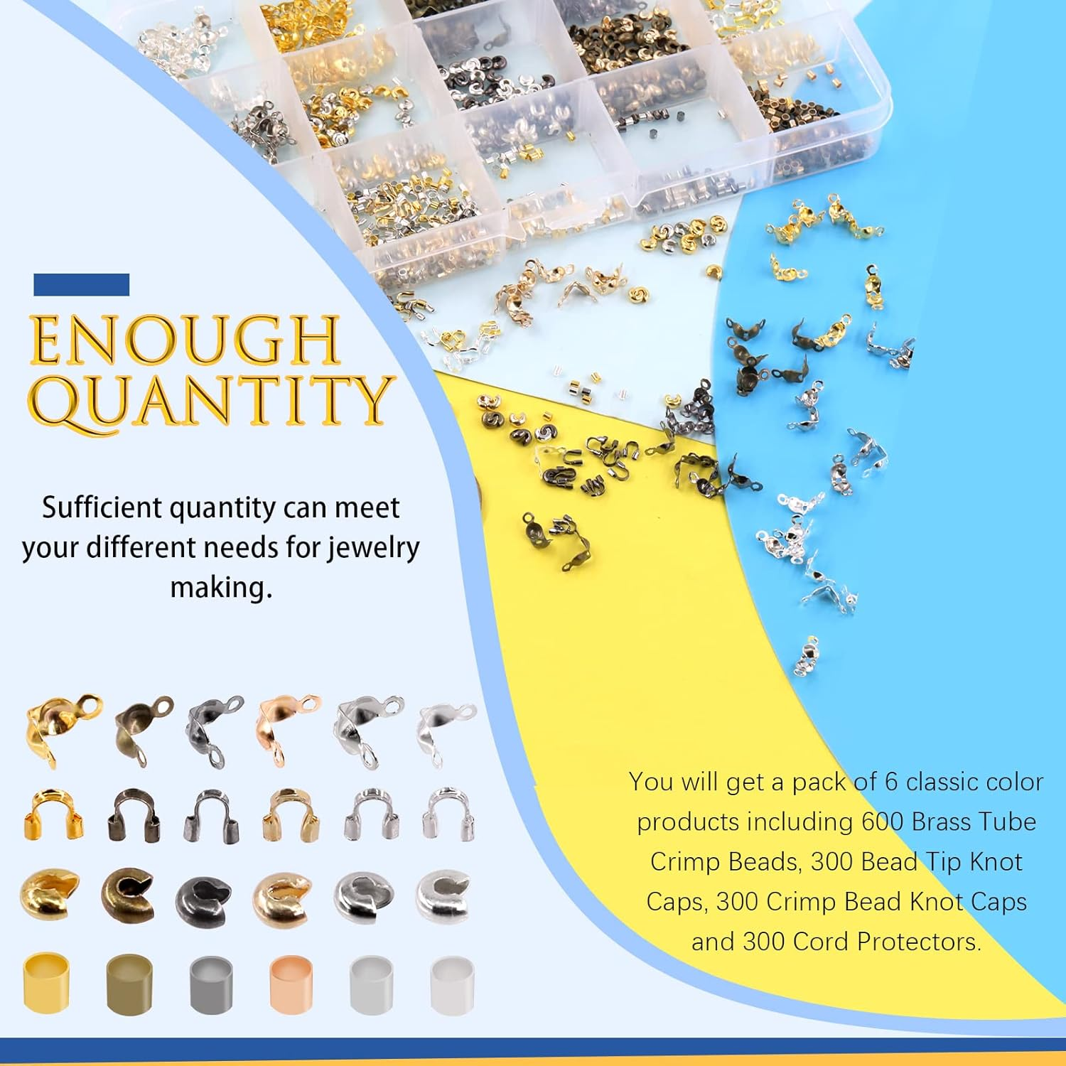 Glarks 1501Pcs 4 Styles 6 Colors Brass Tube Crimp Beads Crimp Bead Knot Cover Wire Guardian Beads Tips Knot Cover with Jewelry Bead Crimping Pliers for DIY Jewelry Bracelet Necklace Making image number 3