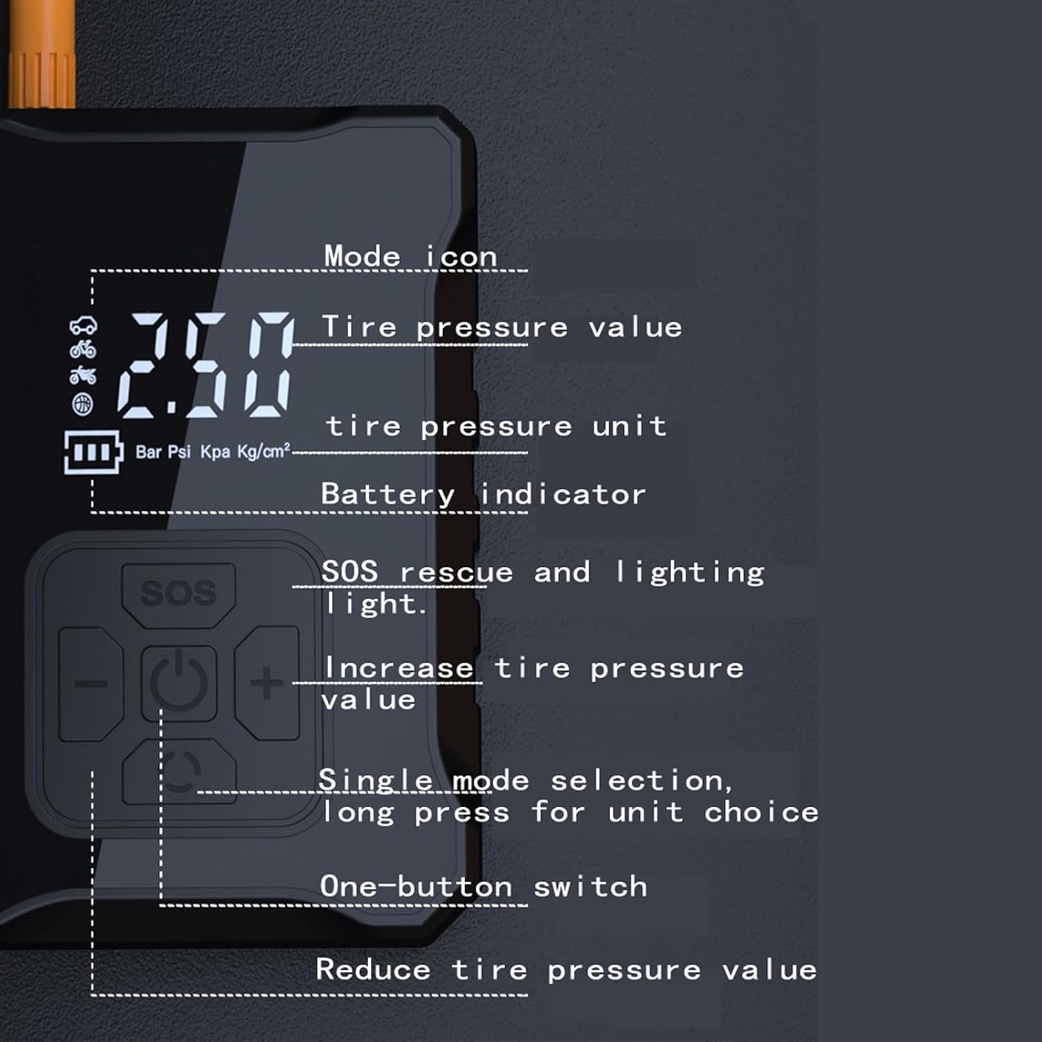 Portable Cordless Tyre Inflator,Air Compressor 150 PSI with Digital Pressure Gauge, Rechargeable Battery, and LED Light for Cars, Bikes, and Balls image number 4