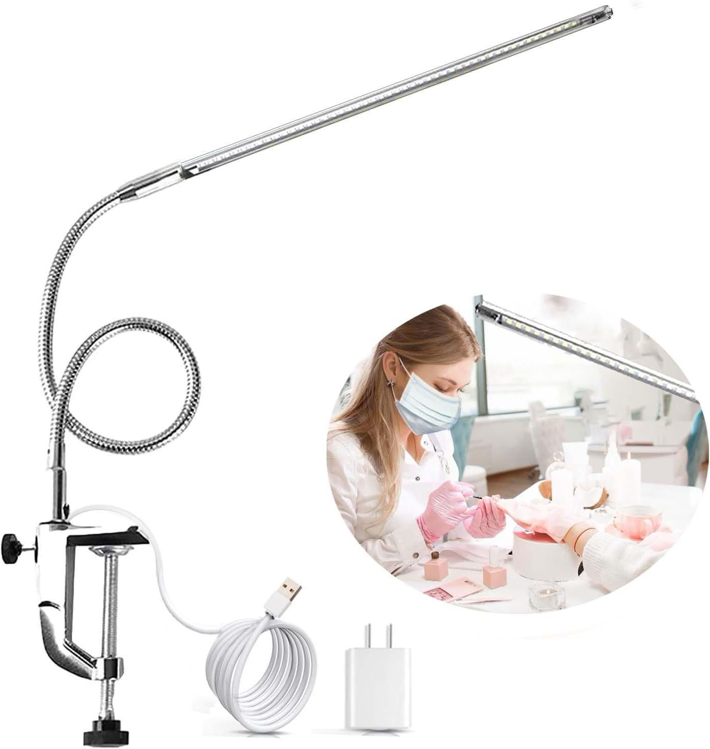 Desk Light with Clamp, USB LED 8W Clip Nail Desk Lamp Eye Care Flexible Gooseneck 360&deg; Clamp Light for Manicure Reading Eyebrow Office Tattoo image number 2