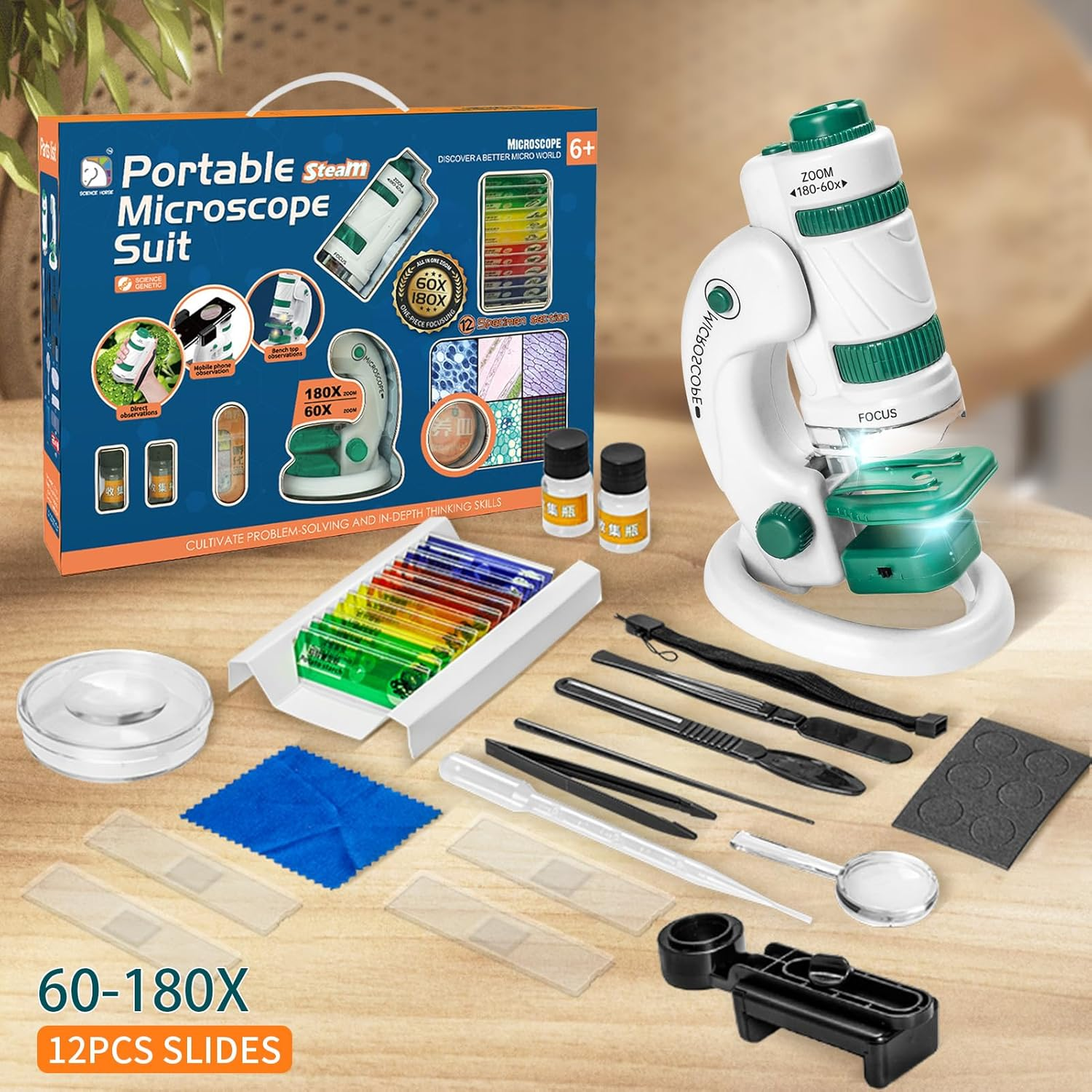 Microscope Toys for Kids Zoom 60X-180X, Handheld Mini Toddlers-Educational Science Toys Little Scientist, Pocket Microscope with 12Pcs Slides, Gifts for 6+ Girls Boys(Green) - 12 Pcs Green Microscope image number 5