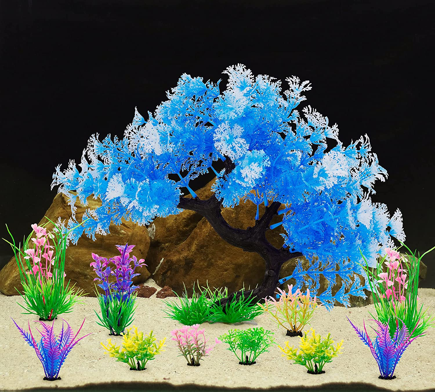 Mylifeunit Fish Tank Decorations, 15 Pack Artificial Aquarium Plants Tree Set for Fish Tank Decor (Bule Set) image number 3