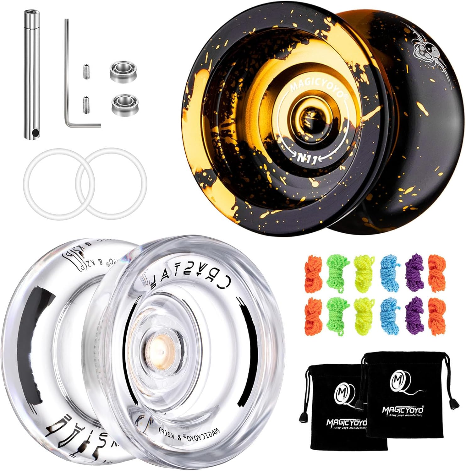 Yoyo Professional 2 Pack of Metal Yoyo N11, Plastic Yoyo K2 Crystal White, Dual Purpose Yoyos-Unresponsive&Responsive Yo Yo for Kids/Advanced Player+12 Yoyo Strings+2 Bags+2 KK Bearings+Removal Tool image number 2