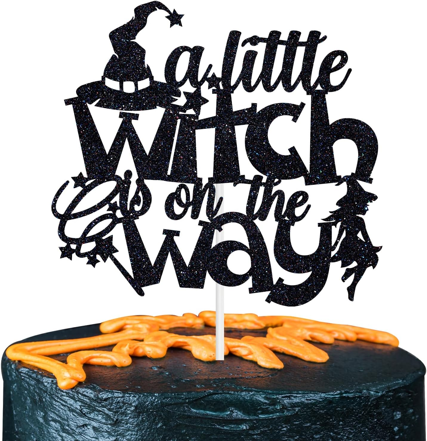 A Little Witch Is on the Way Cake Topper, a Little Boo Is Almost Due Cake D&eacute;cor, Halloween Baby Shower/Gender Reveal/First Birthday Party Decorations Supplies, Black Glitter image number 2