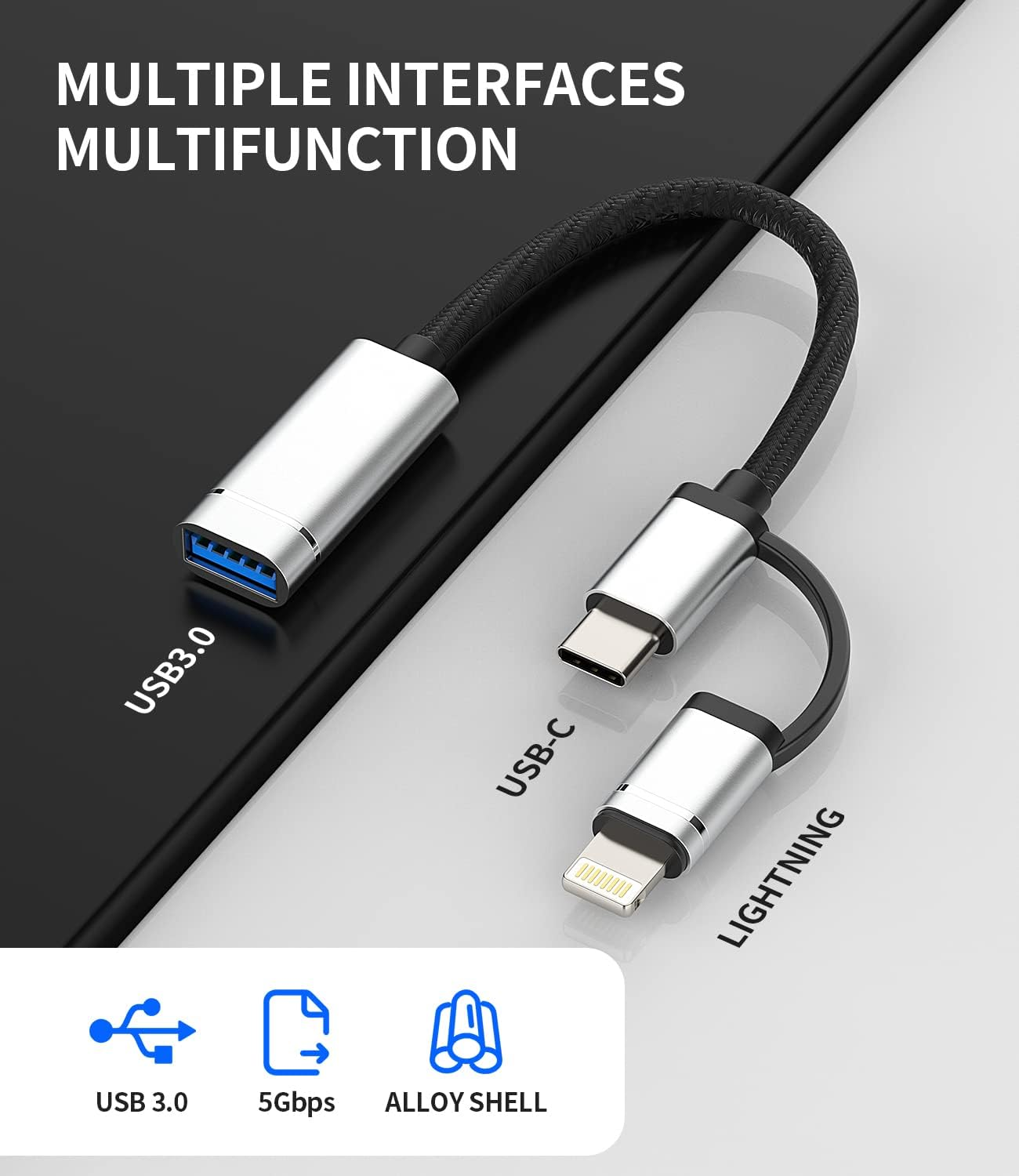 Iphone OTG Cable Adapter(2In1)Usb-A Female to USB C Lightning Male Converter Apple Iphone15 Pro Max plus Ipad Pro Air Mini 3.0 Dongle Thunderbolt Camera Mouse Cord Adaptador Compatible for Samsung CJJ