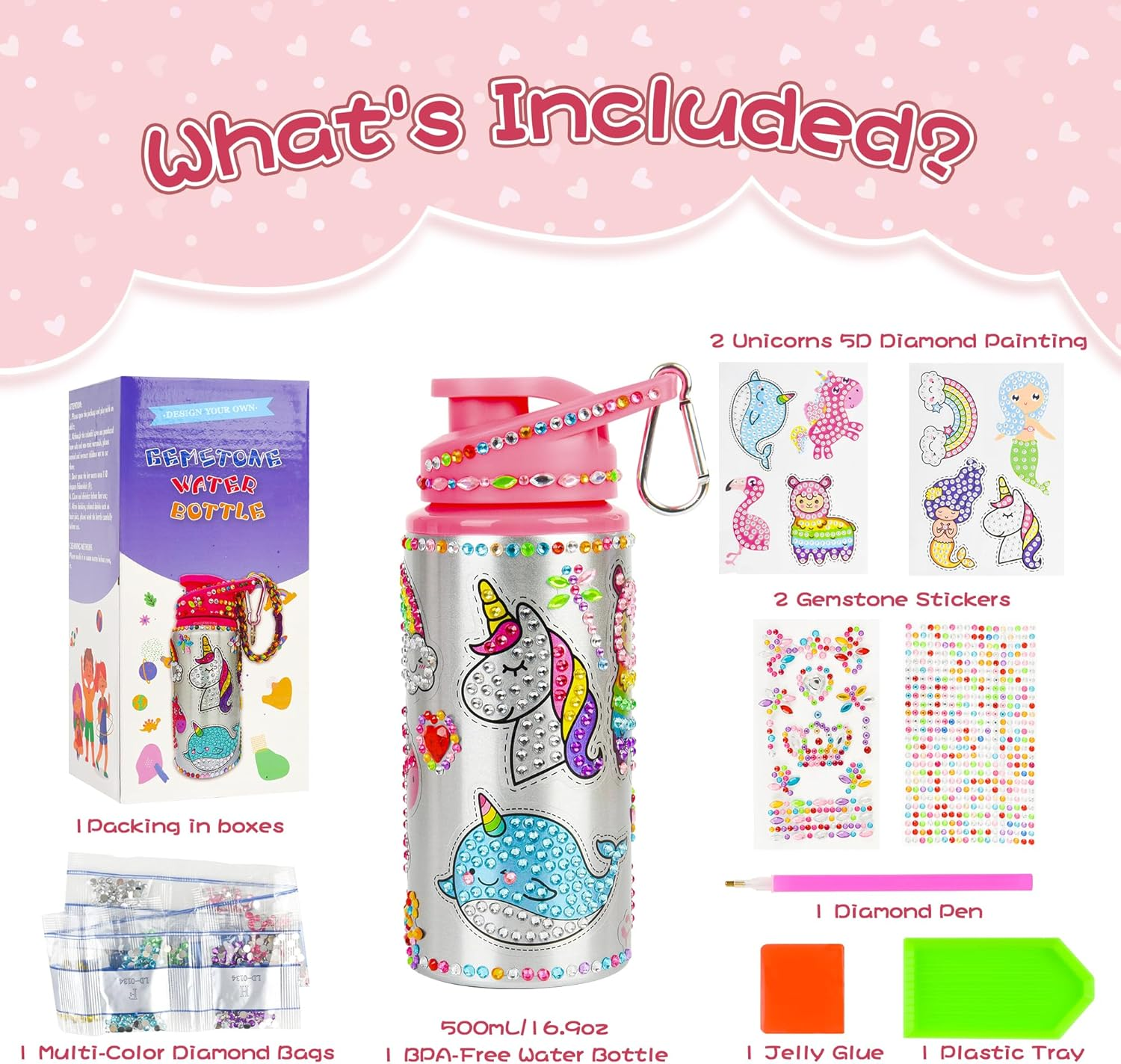 Kinderlolo Decorate Your Own Water Bottle Kits for Girls, 5 6 7 8 Year Old Girl Gifts, Unicorn DIY Gem Diamond Painting Craft, Arts and Crafts for Kids Ages 6-8 Girls Water Bottles for School Birthday