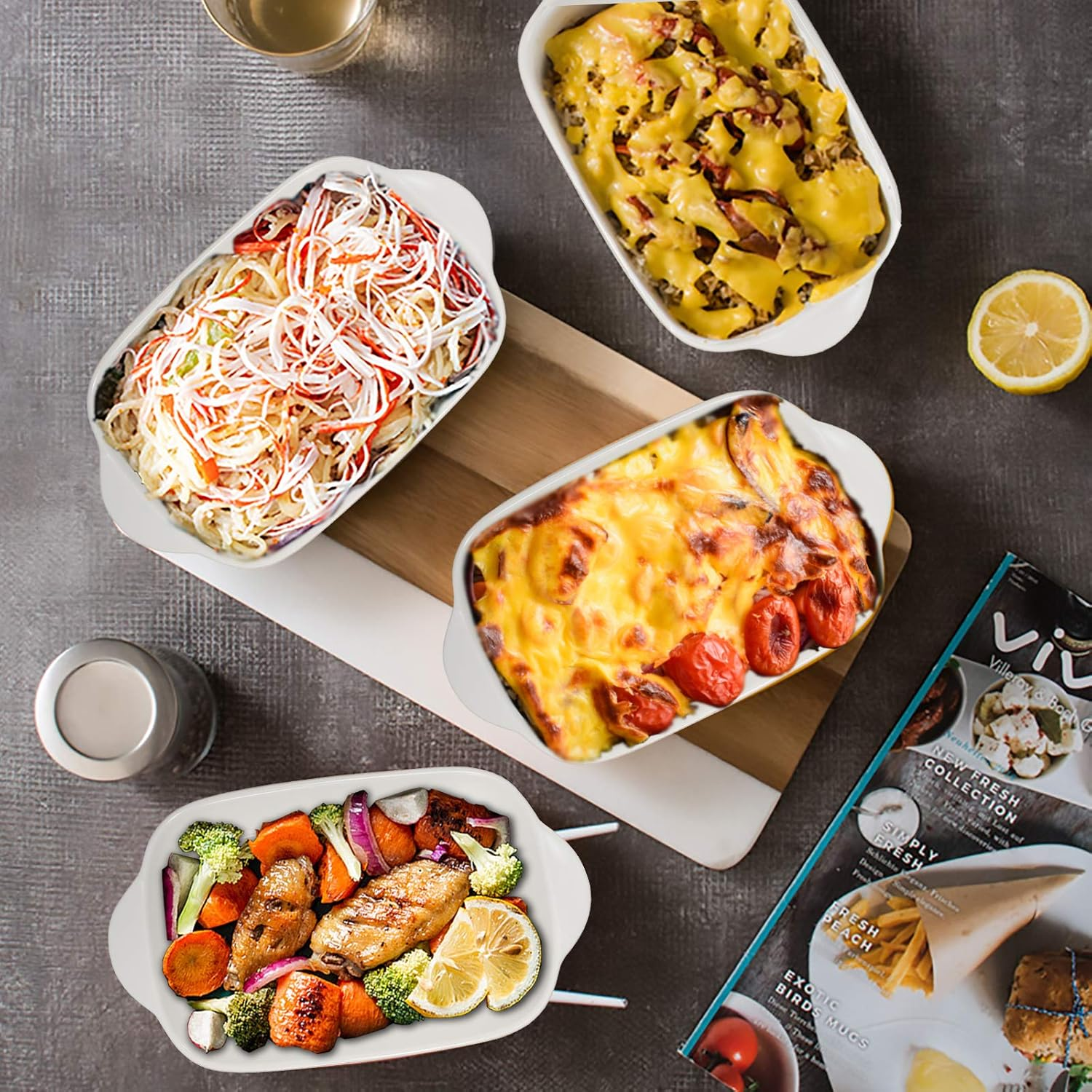 20Oz Small Ceramic Baking Dishes, 7.5L X 5.4W Inch Stone Embossed Pattern Bakeware with Double Handles, Individual Rectangular Baker for Lasagna, Casserole - Set of 4 (Gray)