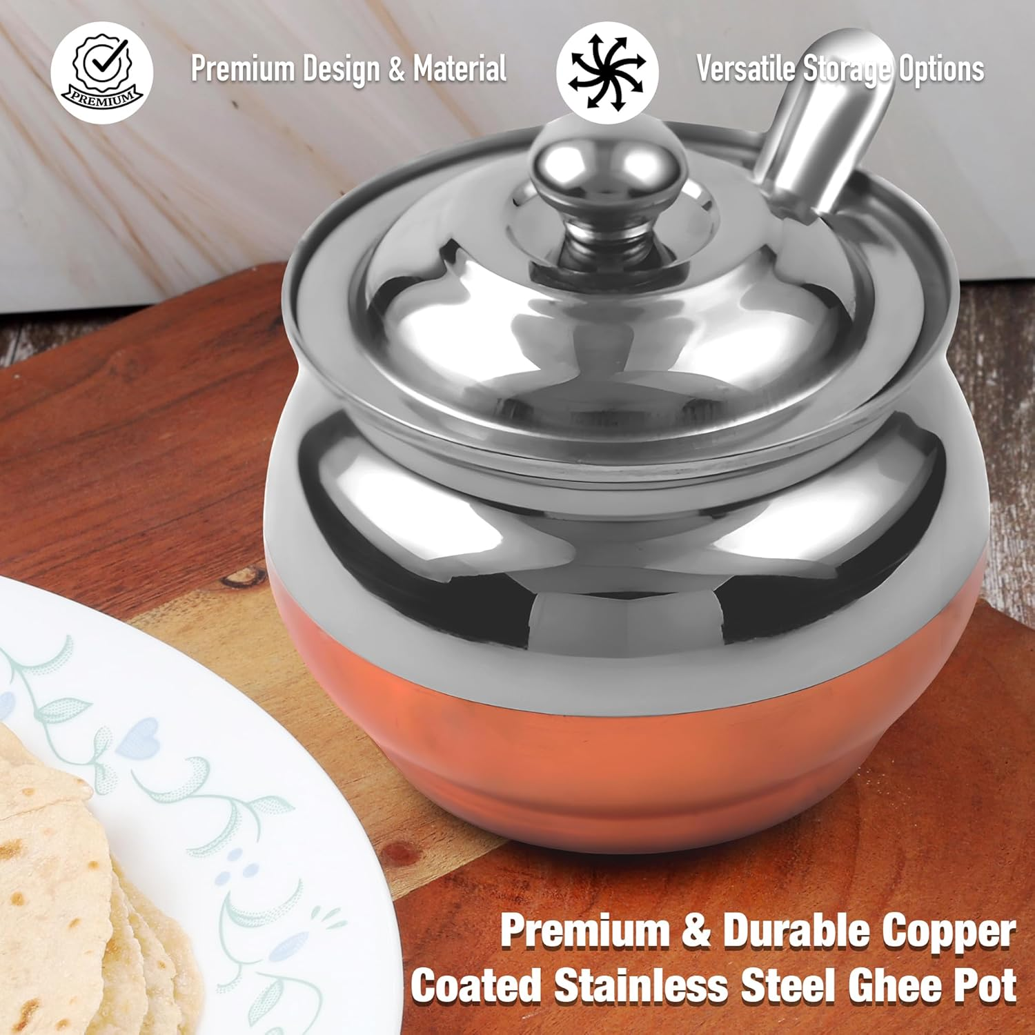 Copper Coated Stainless Steel Ghee Pot with Spoon | Ghee Container for Kitchen | Premium Oil Container with Lid for Pooja Items, 200 ML image number 2