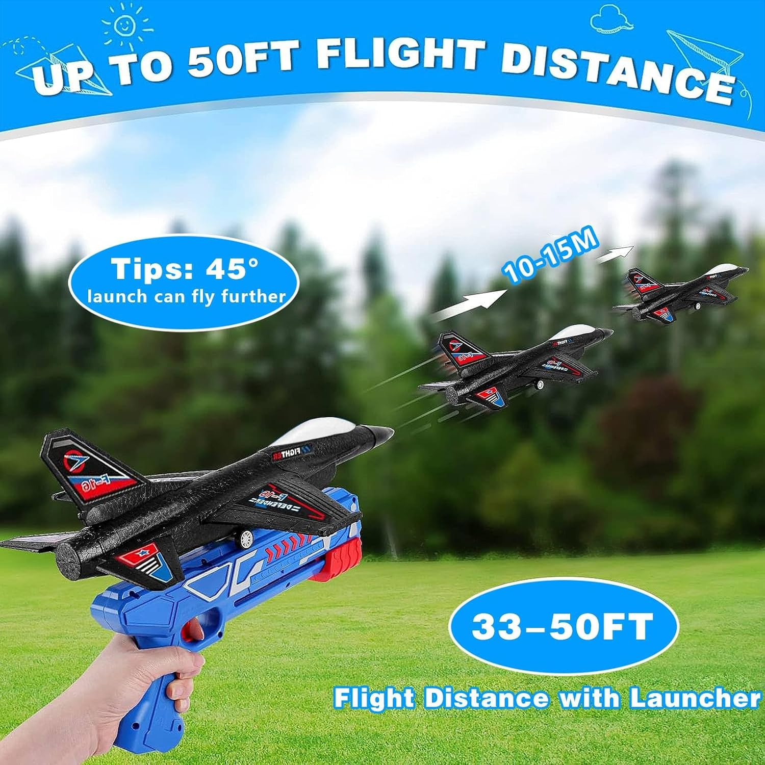 4 Pack Airplane Launcher Toy, Foam Throwing Glider Plane with Catapult Gun Game and Big 3Pcs 34CM F-16 Plane, Outdoor Sports Flying Gadget 3 4 5 6 7 8 9 10+ Years Old Boys Girls Xmas Birthday Gifts image number 4