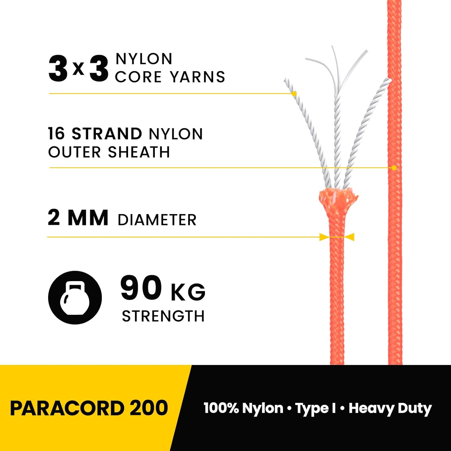 Paracord 2Mm 3 Strands 30M 100% Nylon Rope Type I Parachute Cord for Craft, Outdoor, DIY, Camping | Support 90Kg | Neon Orange image number 5