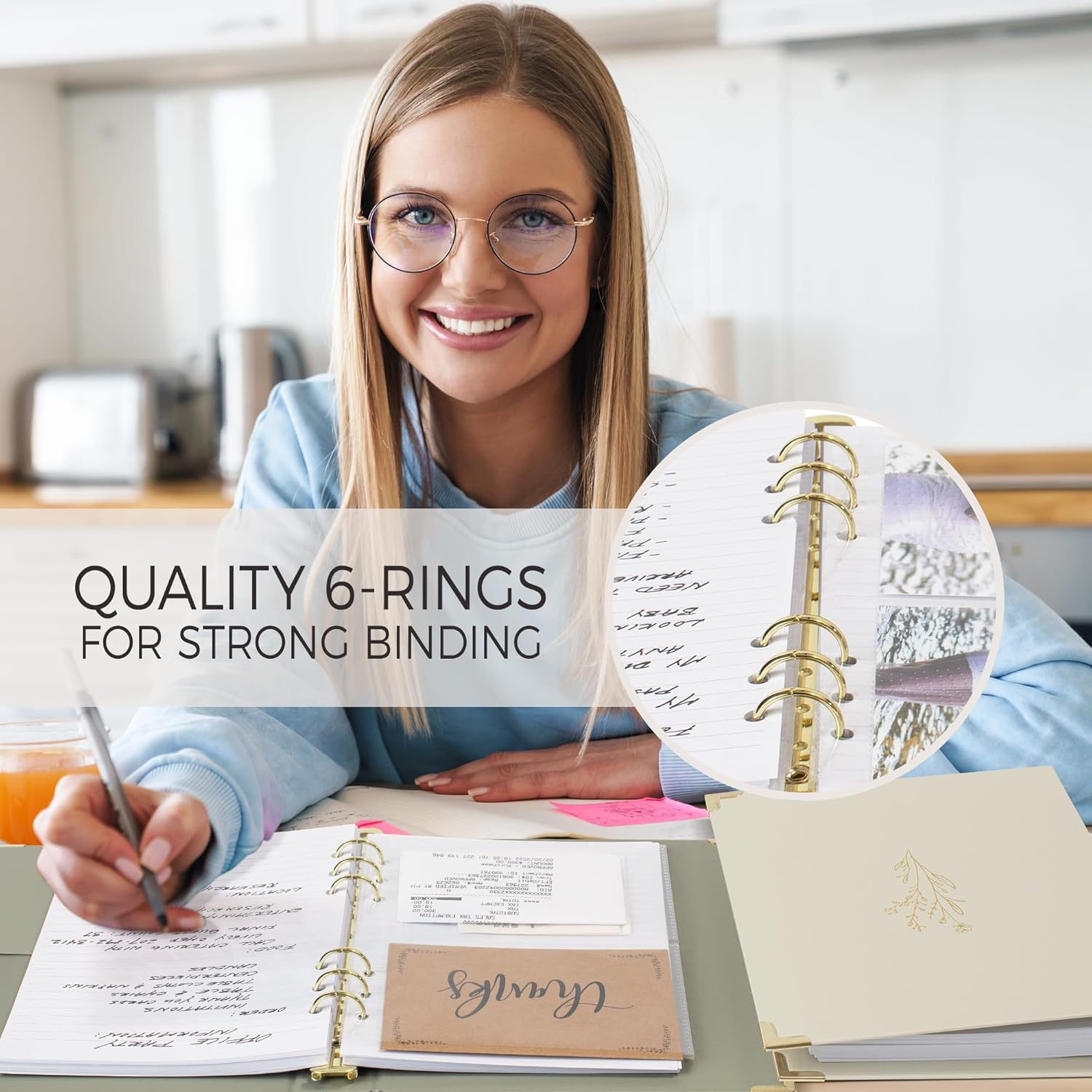 ZICOTO Aesthetic 6 Ring A5 Binder Set of 2 - the Perfect 1 Inch Planner Binder for Journaling or Collections - Refillable Notebook Binder with Pocket, ZIC-RBINDER-BG_23-097B, Beige-Green image number 6