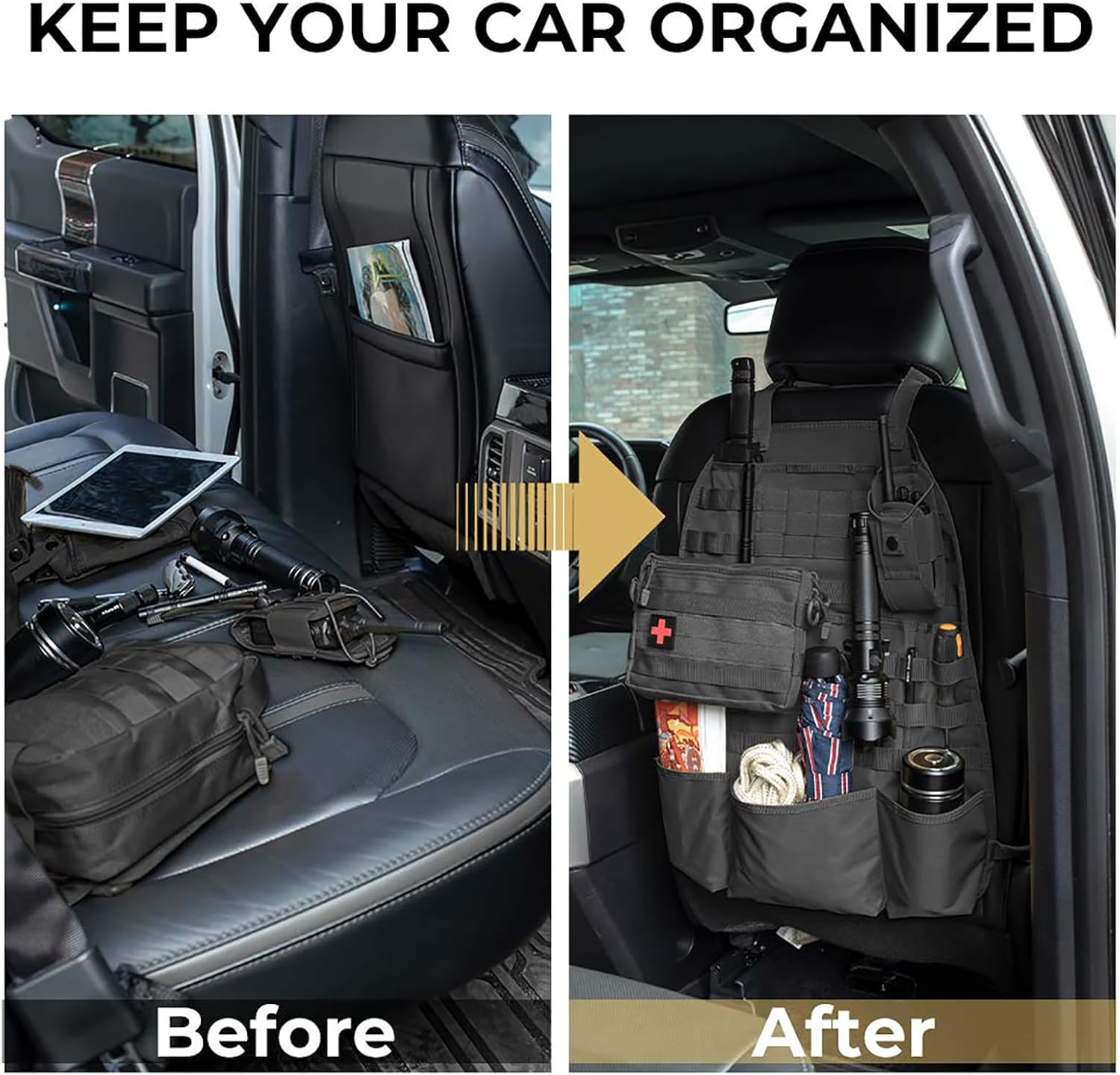 Car Seat Back Organizer, Upgraded Tactical Molle Vehicle Panel, Universal Back Seat Storage Molle Pouches Bag, Car Seat Cover Protector Kick Mat for POER Suzuki Jimny Wrangler SUV Truck, 1 Pack image number 6