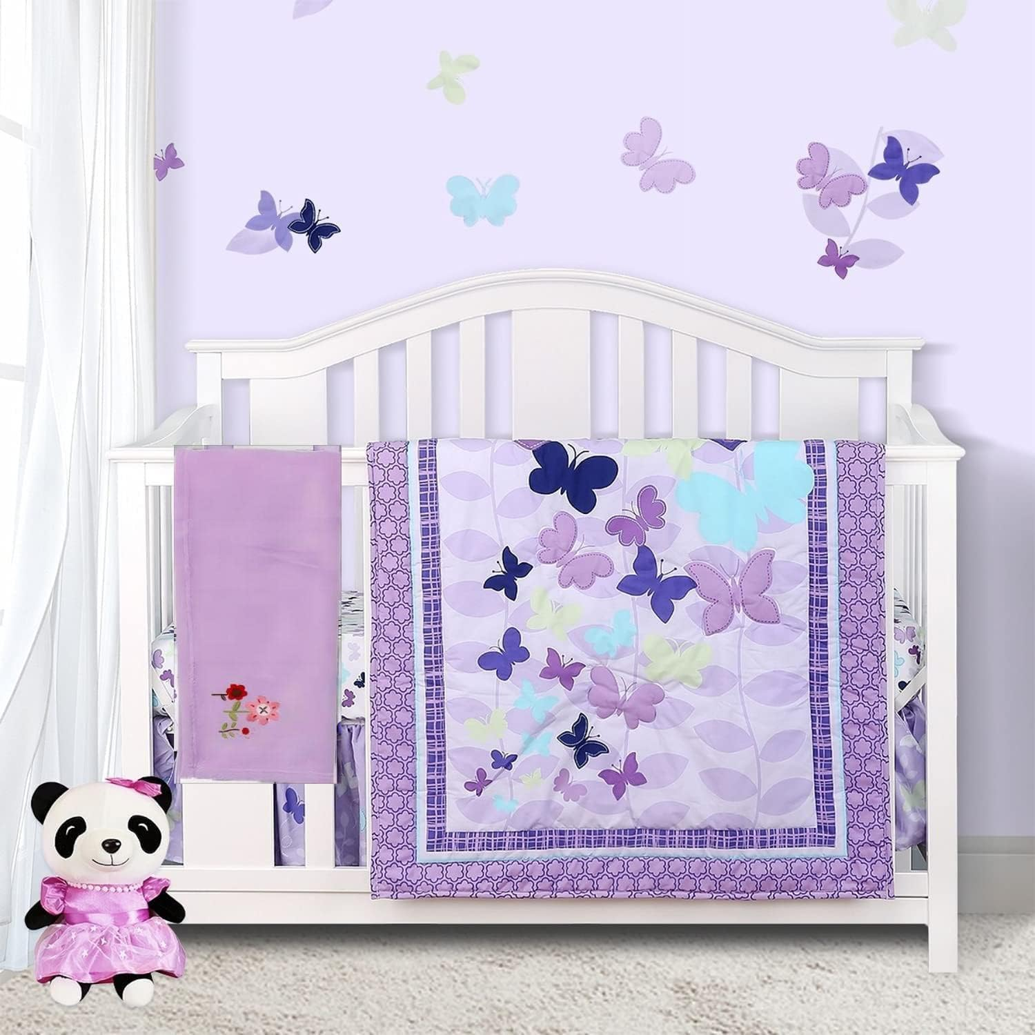 Luxury 4 Piece Butterfly Crib Bedding Set,Purple Crib Set for Baby Girls,Microfiber Printed Nursery Bedding Set with Comforter/Skirt/Crib Sheet/Blanket image number 2