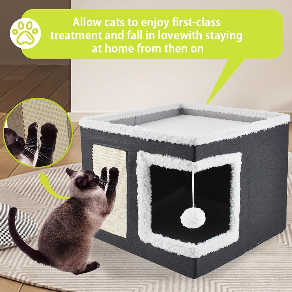 Double Layers Cat & Dog Bed with Removable Mattress, Plush Foldable Pet House, Large Covered Cat Beds Cave & Furniture, Stylish Modern Design for Home Apartment Kitten Kitty Small Pet (41X41X35Cm) image number 2