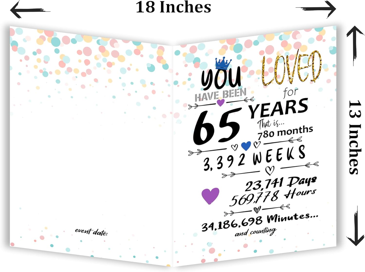 65Th Birthday Card for Him Her Funny 13X9 in Large Greeting Card Home Party Decorations Supplies for Women & Men 65Th Vintage Table Decor Birthday Jumbo Gifts 65 Years Loved Card & Mailing Envelope image number 2