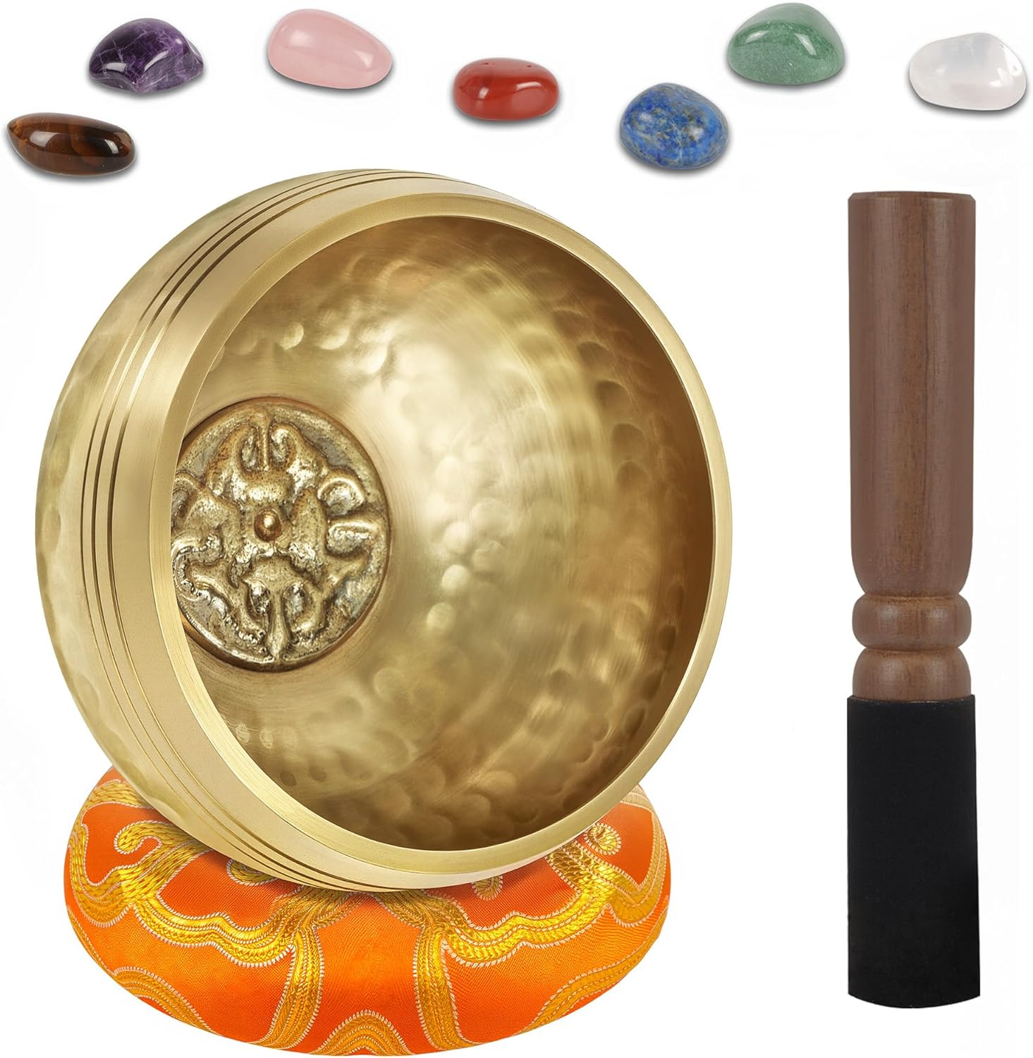3.14In Tibetan Singing Bowl Set with 7 Chakra Crystal Stones &ndash; Handmade in Nepal for Meditation, Mindfulness & Relaxation