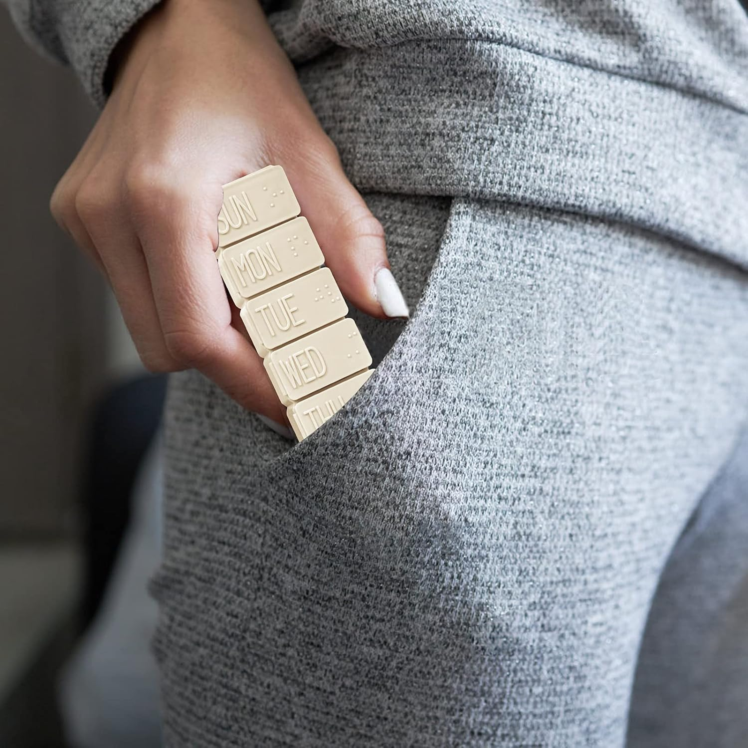 Pill Organizer-Pill Boxes for Travel, 7 Day with Braille Pill Case Vitamins Fish Oil Supplements, Medication Organizer Dispenser for Fish Oils, Vitamin Holder Supplement (Beige+Gray) image number 1