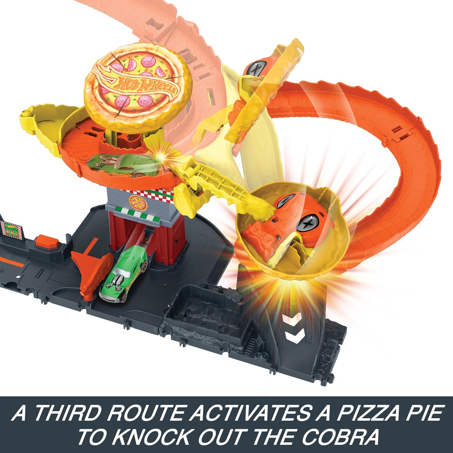 Hot Wheels City Toy Car Track Set, Pizza Slam Cobra Attack Playset, Snake Tail Spiral with Randomizer, 1 Vehicle in 1:64 Scale image number 1